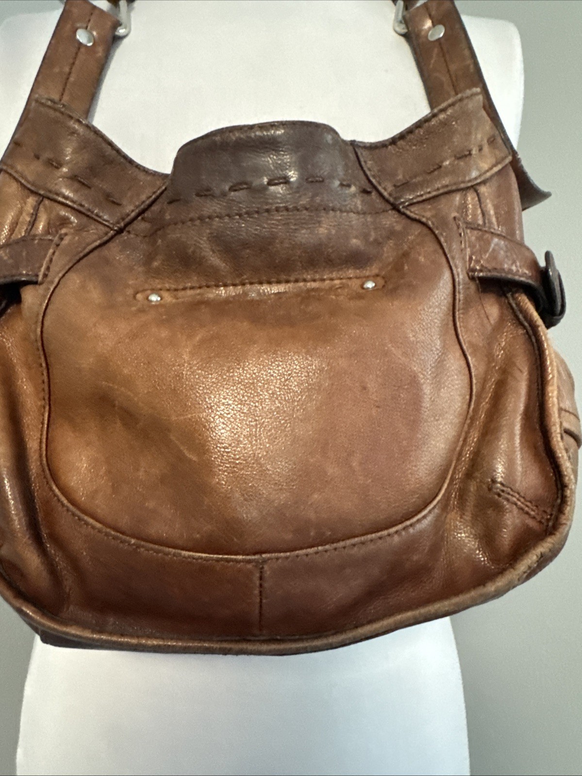 B. Makowsky Brown Leather Shoulder Bag Great Distressed Patina No Rips/Tears