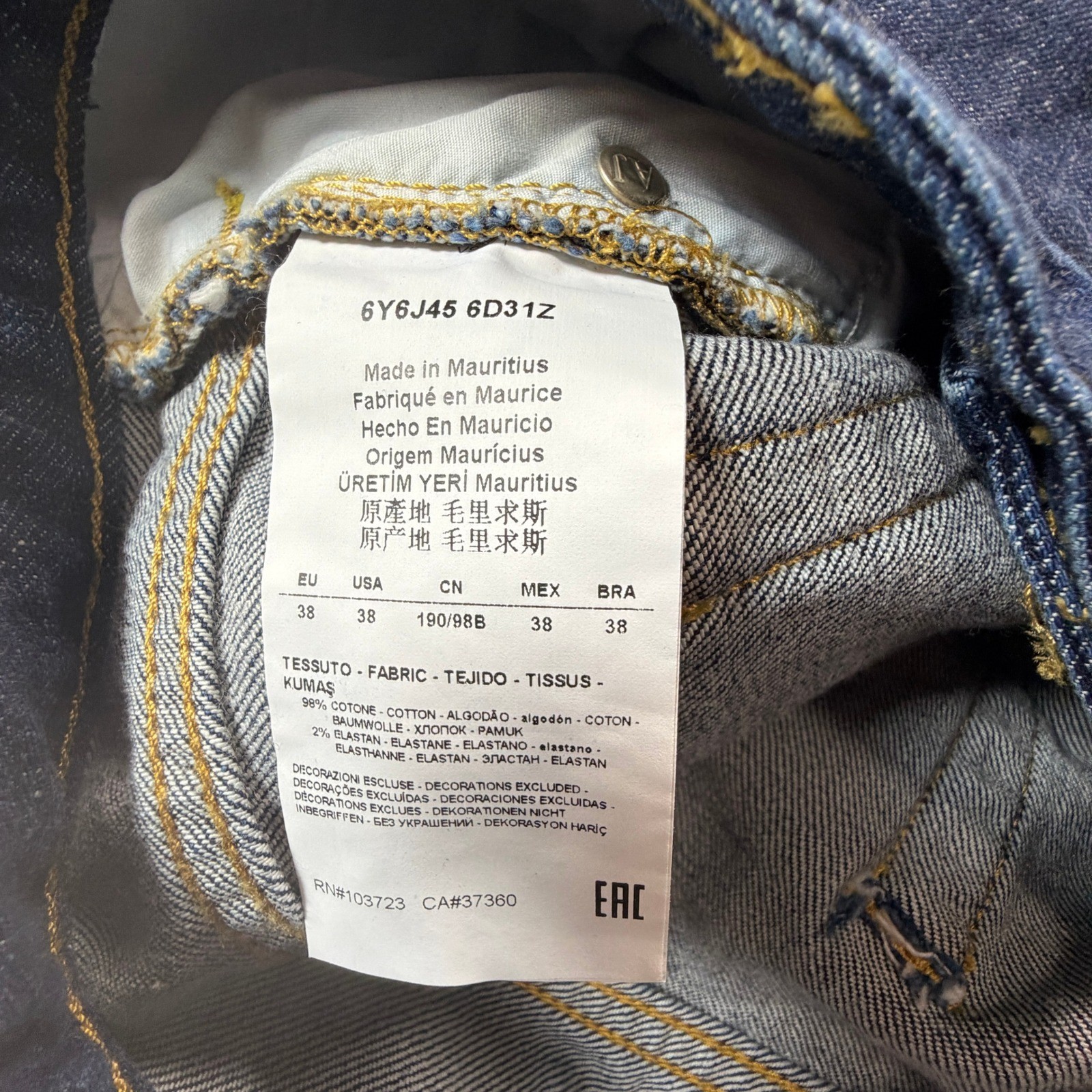 Armani Jeans Mens 38×31 Dark Wash Straight Leg Denim Pants 6Y6J45 6D31Z Blue