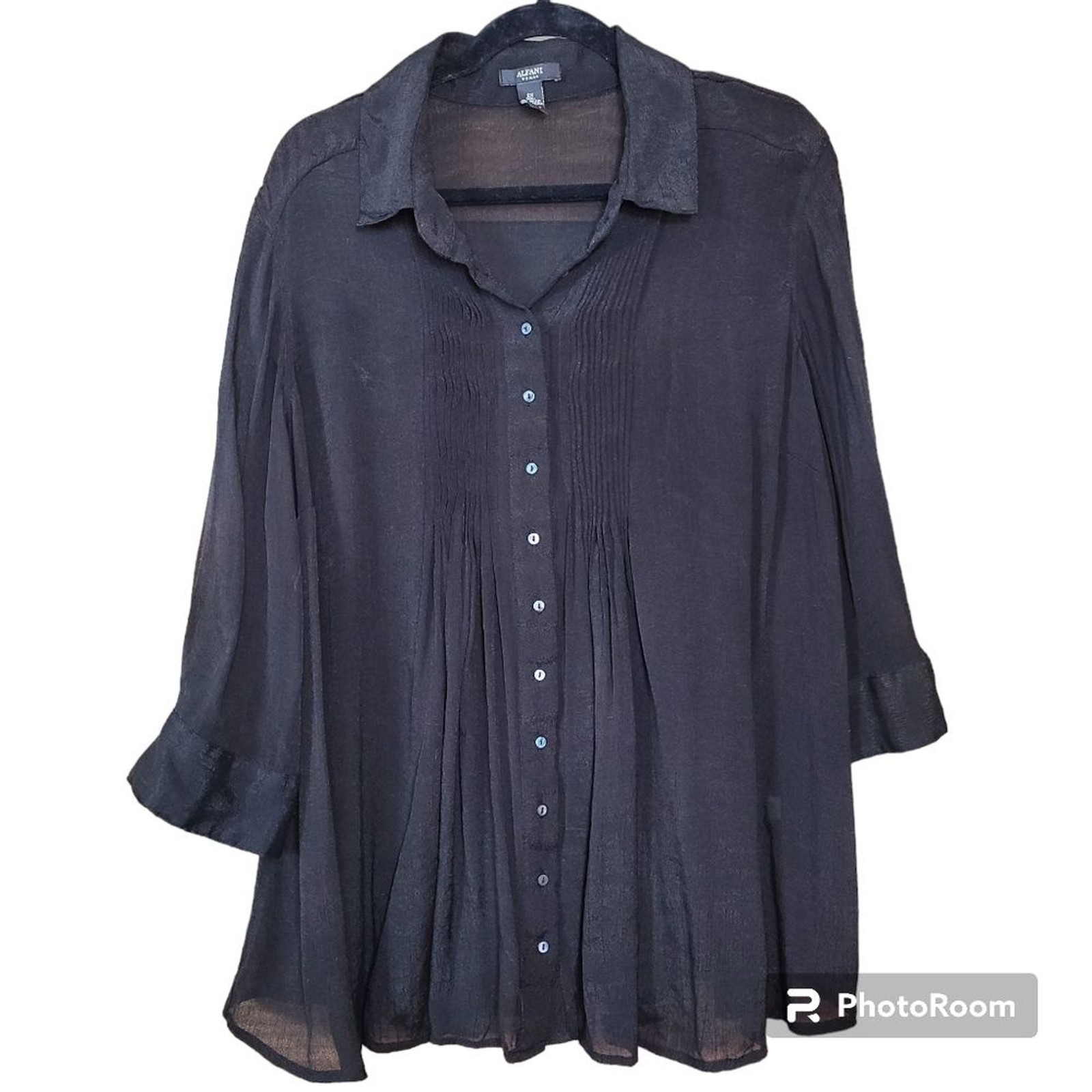 ALFANI Black Size 2X Pintuck Pleated Button-Down Shirt Lightweight Linen Texture