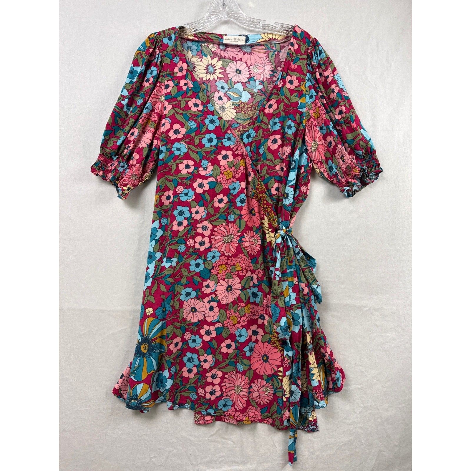 Natural Life Wrap Dress Women Large Pink Floral Puff Sleeve Boho Mini