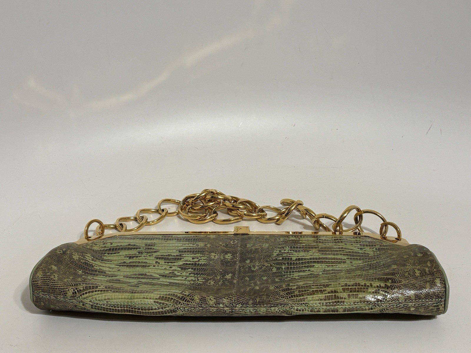 Vtg Gianni Versace Green Lizard Leather Gold Chain Strap Shoulder Bag