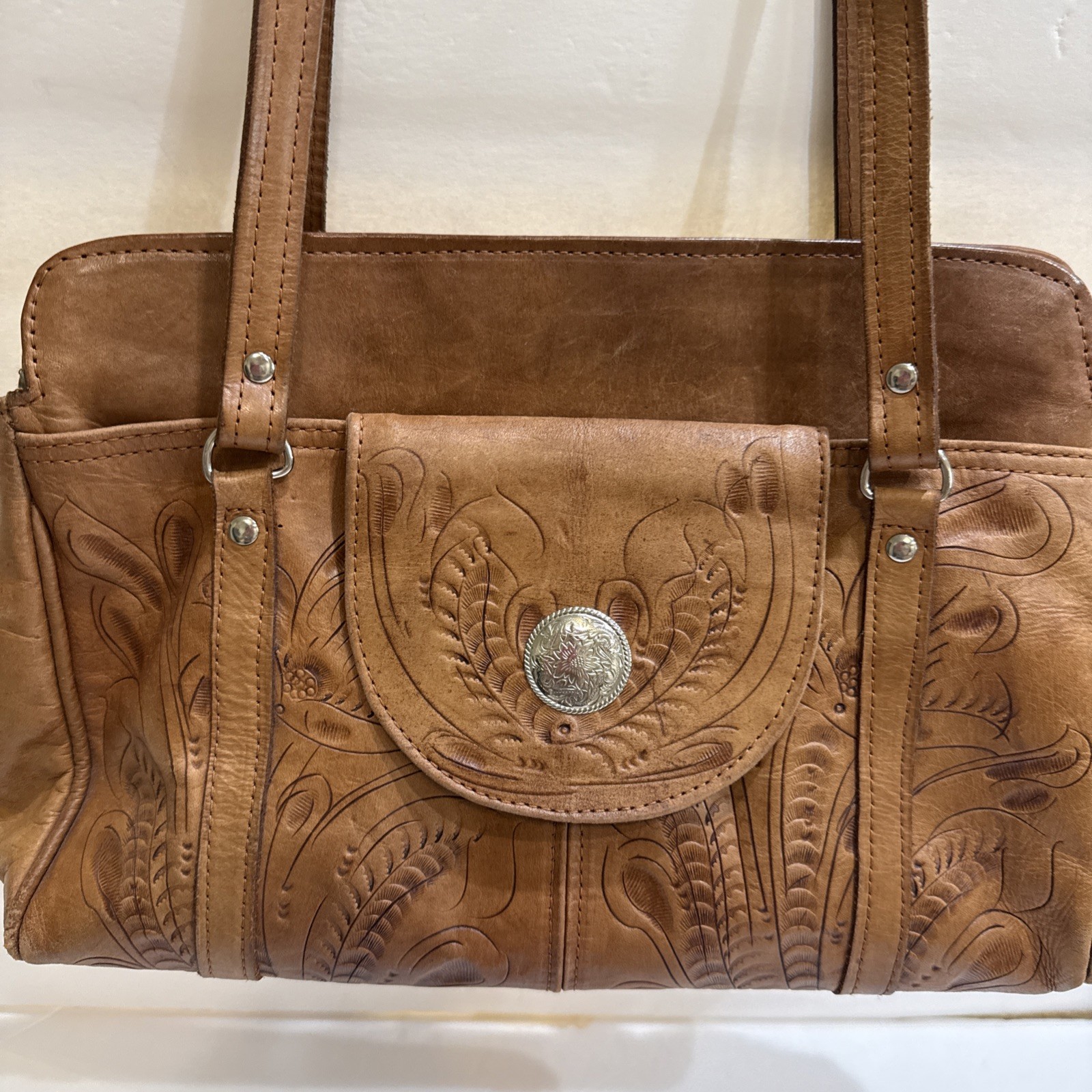 Grants Natural Tooled Leather Western Purse Satchel Made In Paraguay