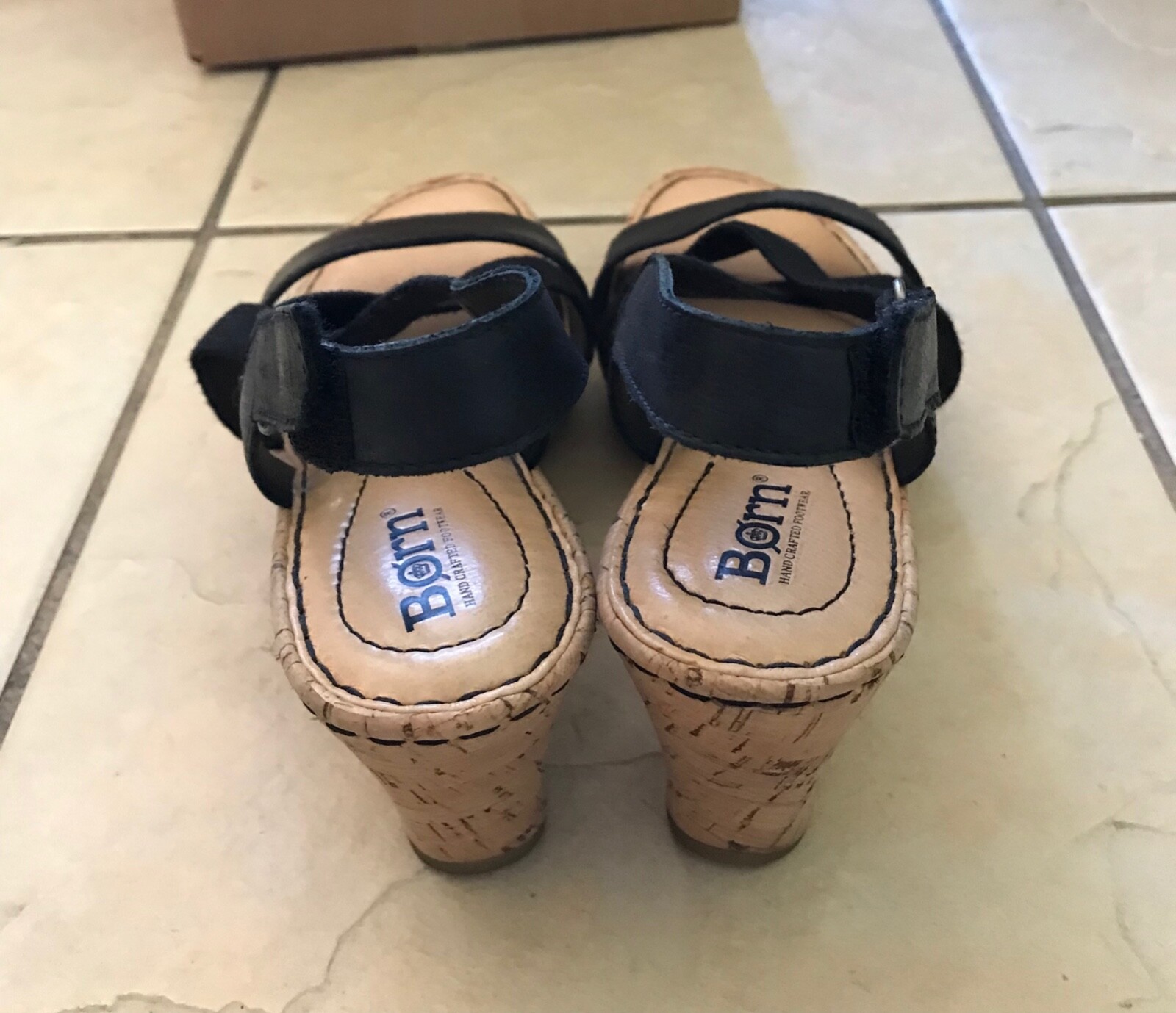 Women Sandals Slingback BORN Cork Wedge Platform Shoes Black Size 9M Excellent
