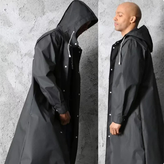 Men Black Waterproof Long Raincoat Hooded Trench Jacket Outdoor Hiking Rain Coat