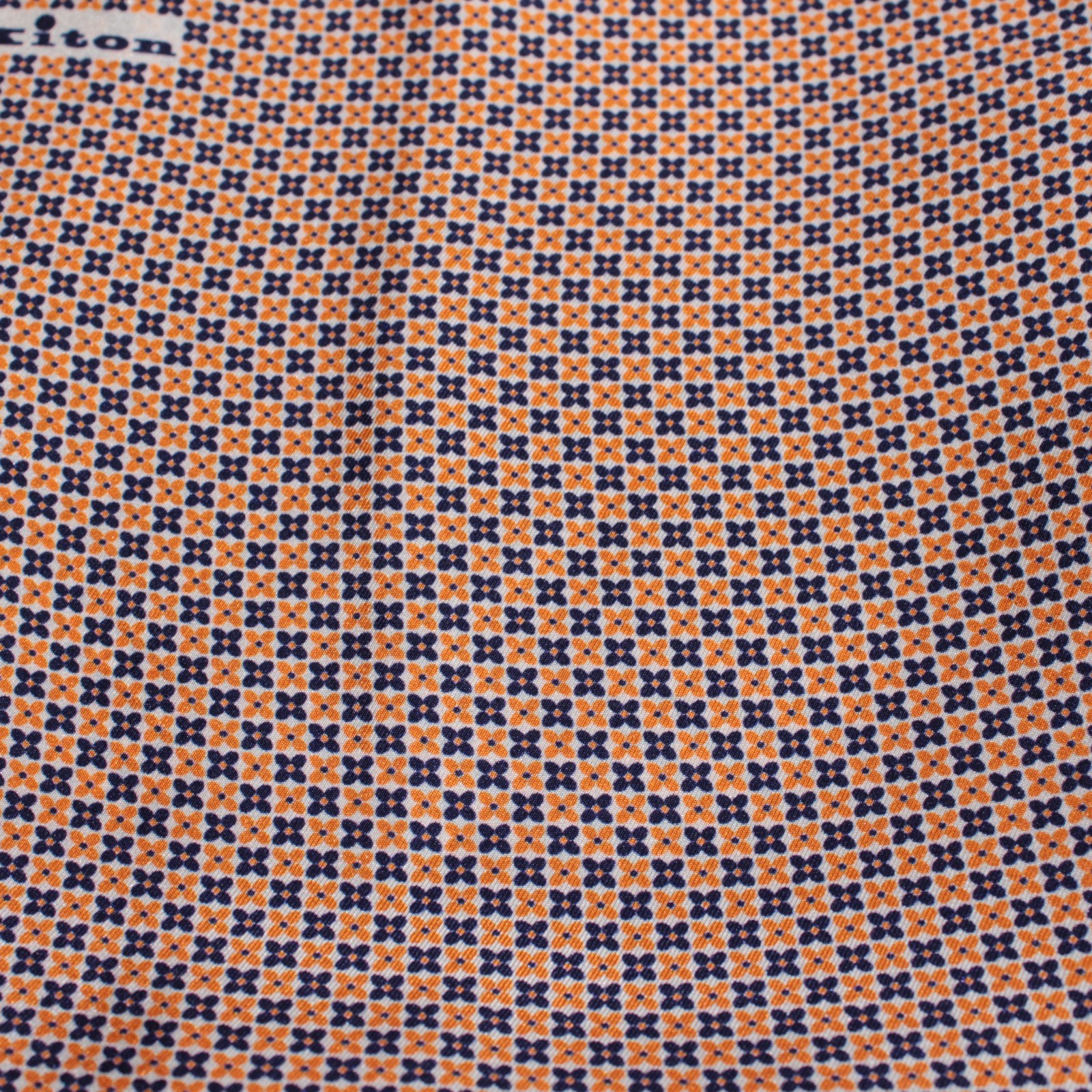 Kiton NWT 100% Silk Pocket Square In Orange & Blue Geometric Print Made in Italy