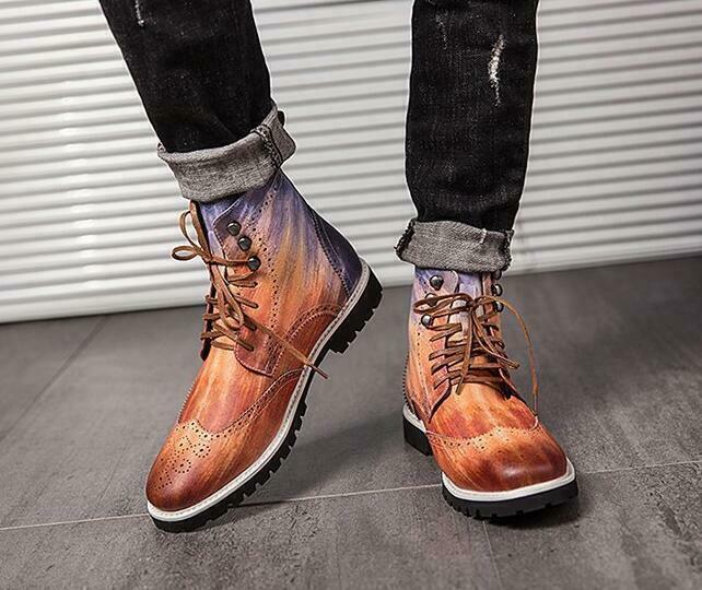 Mens High Top Brogue Shoes Carved Wingtip Lace Up Dress Casual Ankle Boots Hot