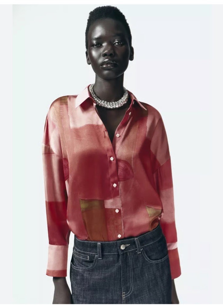 ZARA Satin Geometric Print Oversized Shirt Size XS UK