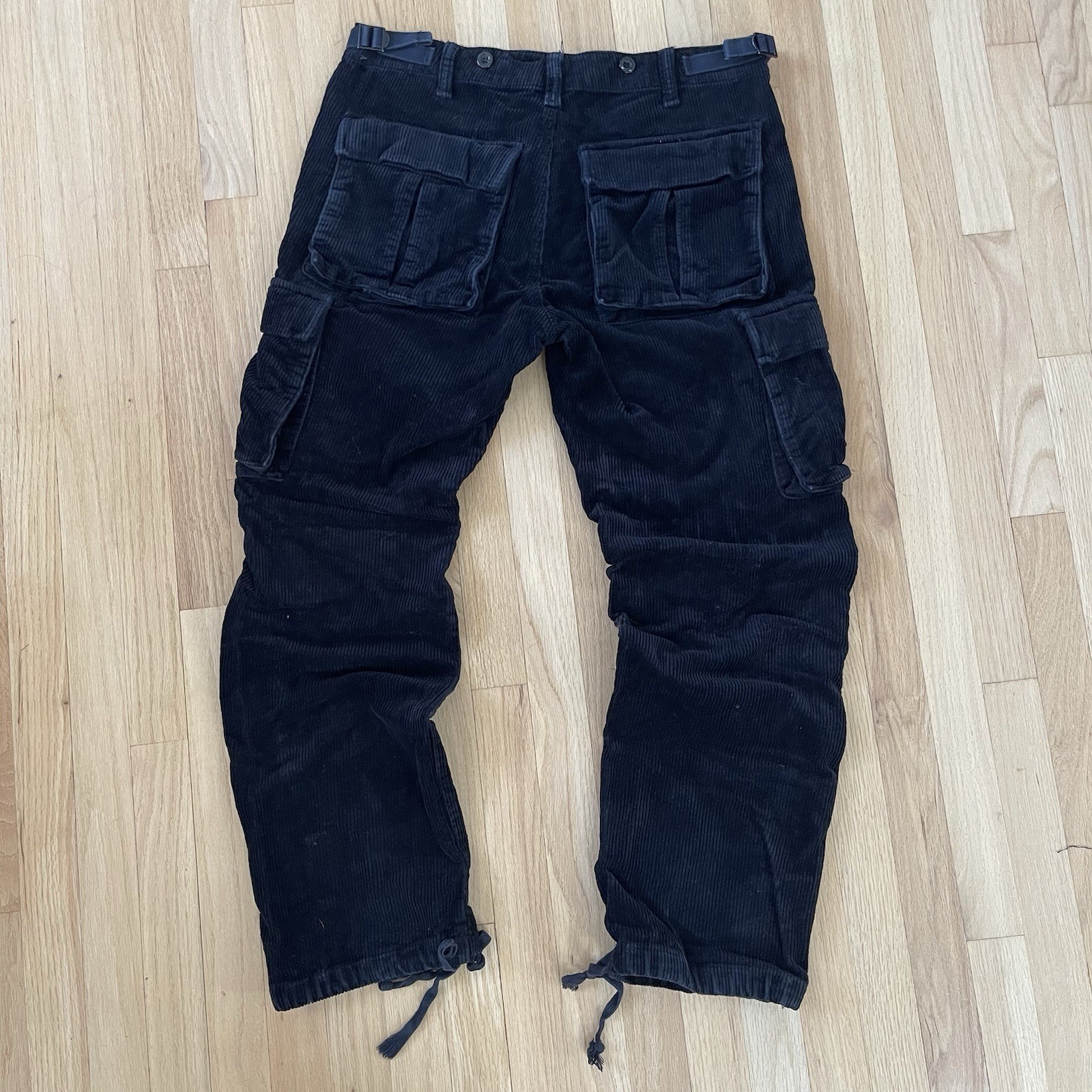 MNML Brand Men’s Corduroy Cargo Pants Size 34 Black Adjustable Waist