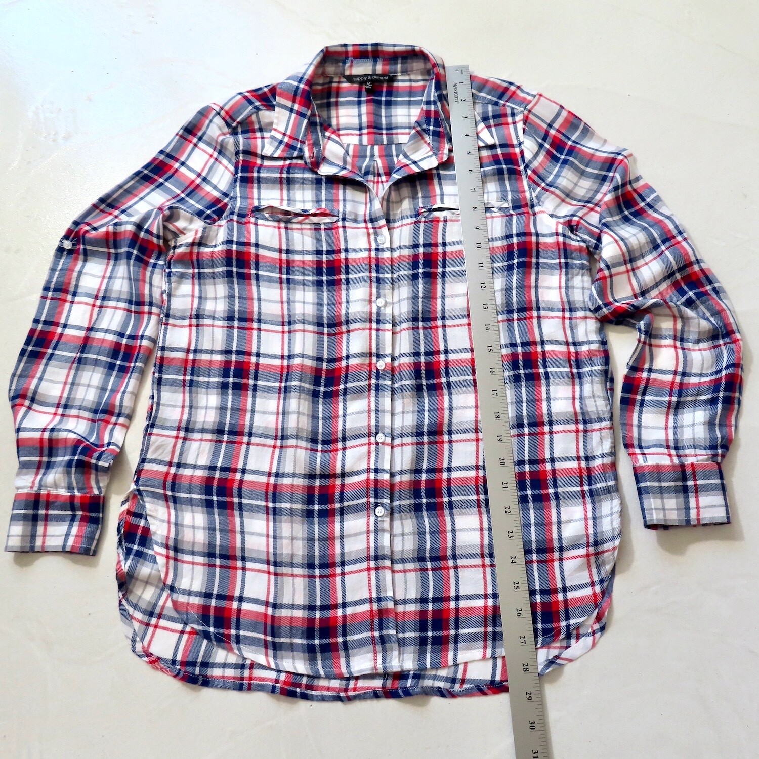 Supply & Demand Shirt Womens Medium Red Blue Plaid Button Up Long Sleeve Western