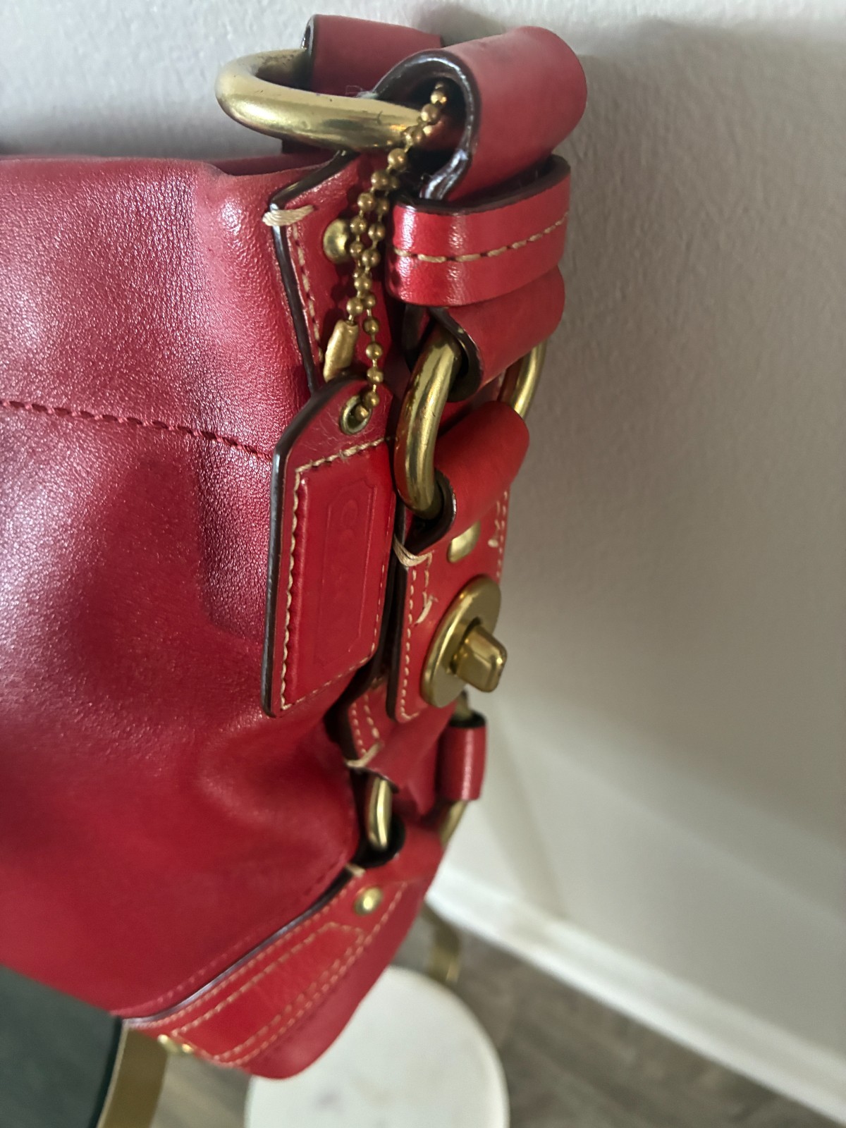 Coach Carly Satchel Purse Y2K Era Cherry Red Medium Size Bag with Stud Accents