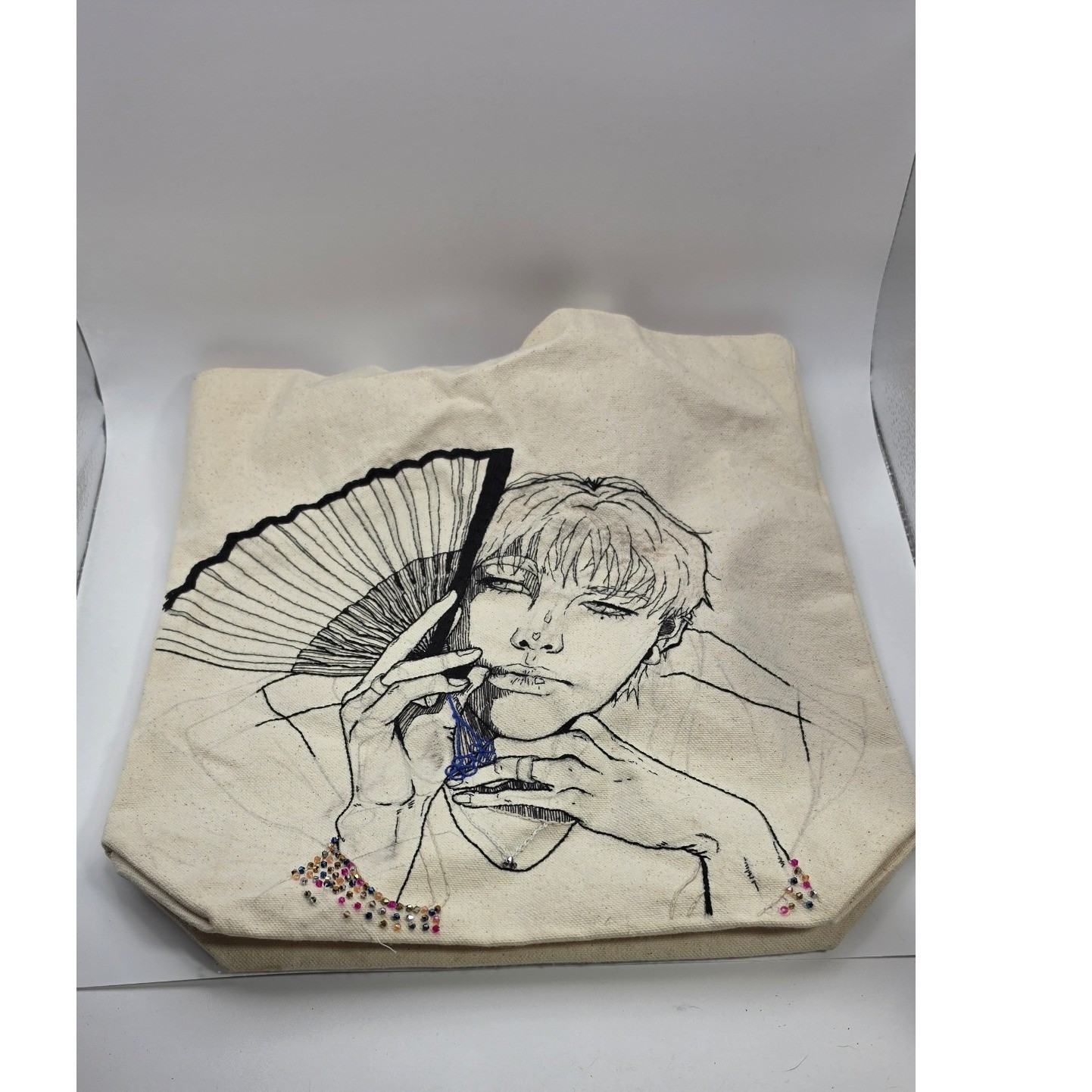 Hand Embroidered Anime Line Art Canvas Tote Bag KPOP BTS Jimin Beaded unfinished