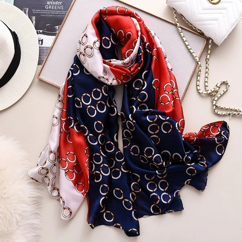 180X80Cm Large Print Silk Scarf Women Luxury Satin Shawl Wrap Hijab Bandana Beac