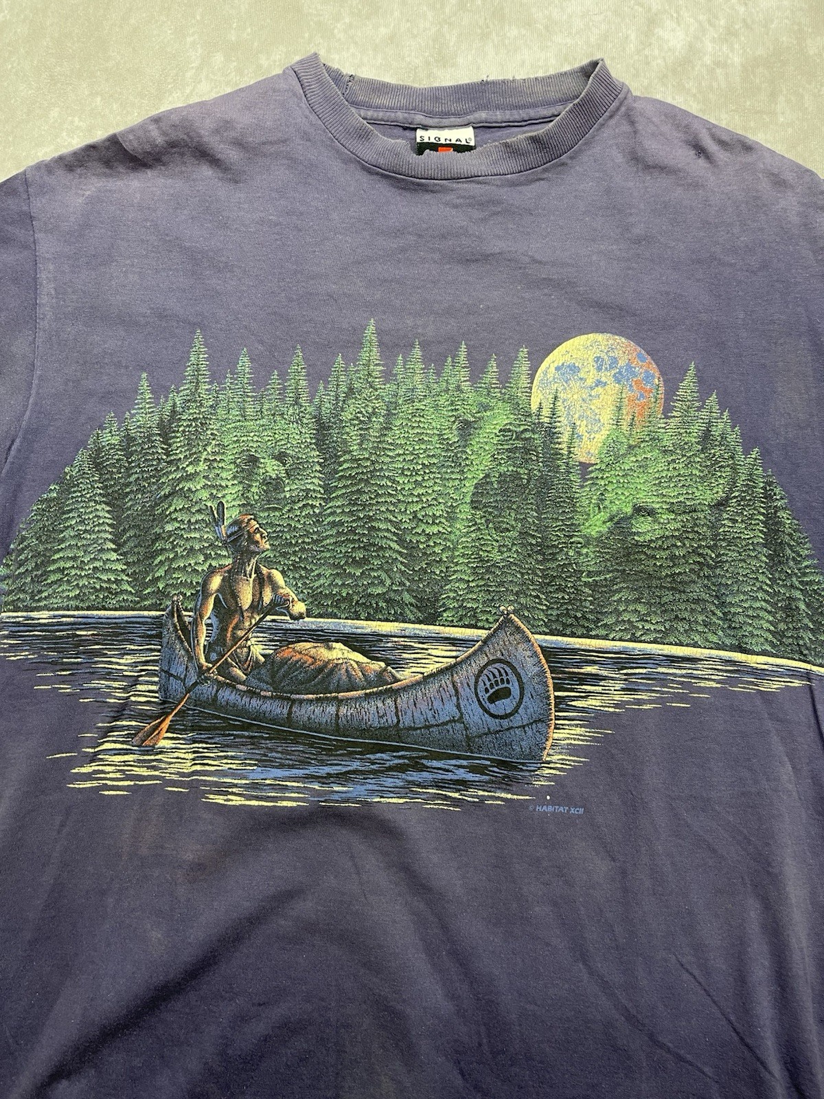 Vtg 90s Signal Sports Native American Canoe Chief Full Moon Forest T-Shirt
