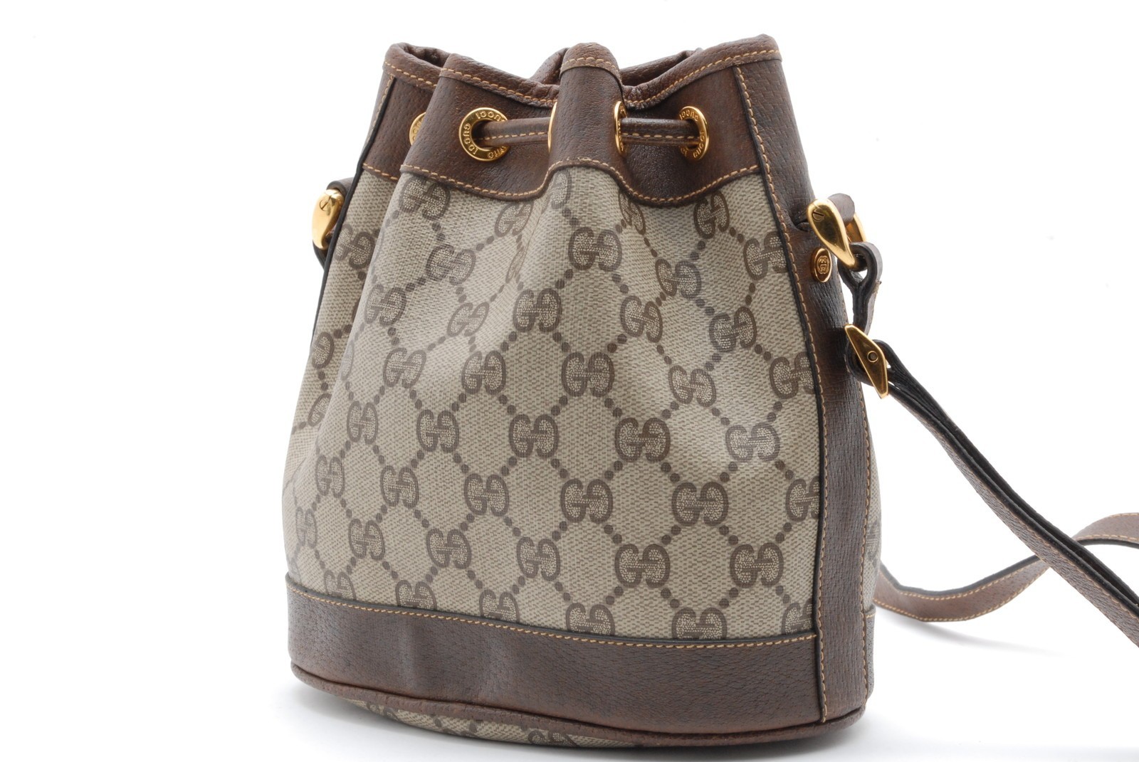 Gucci GG Supreme Drawstring Bucket Shoulder Bag PVC Leather Brown Vintage
