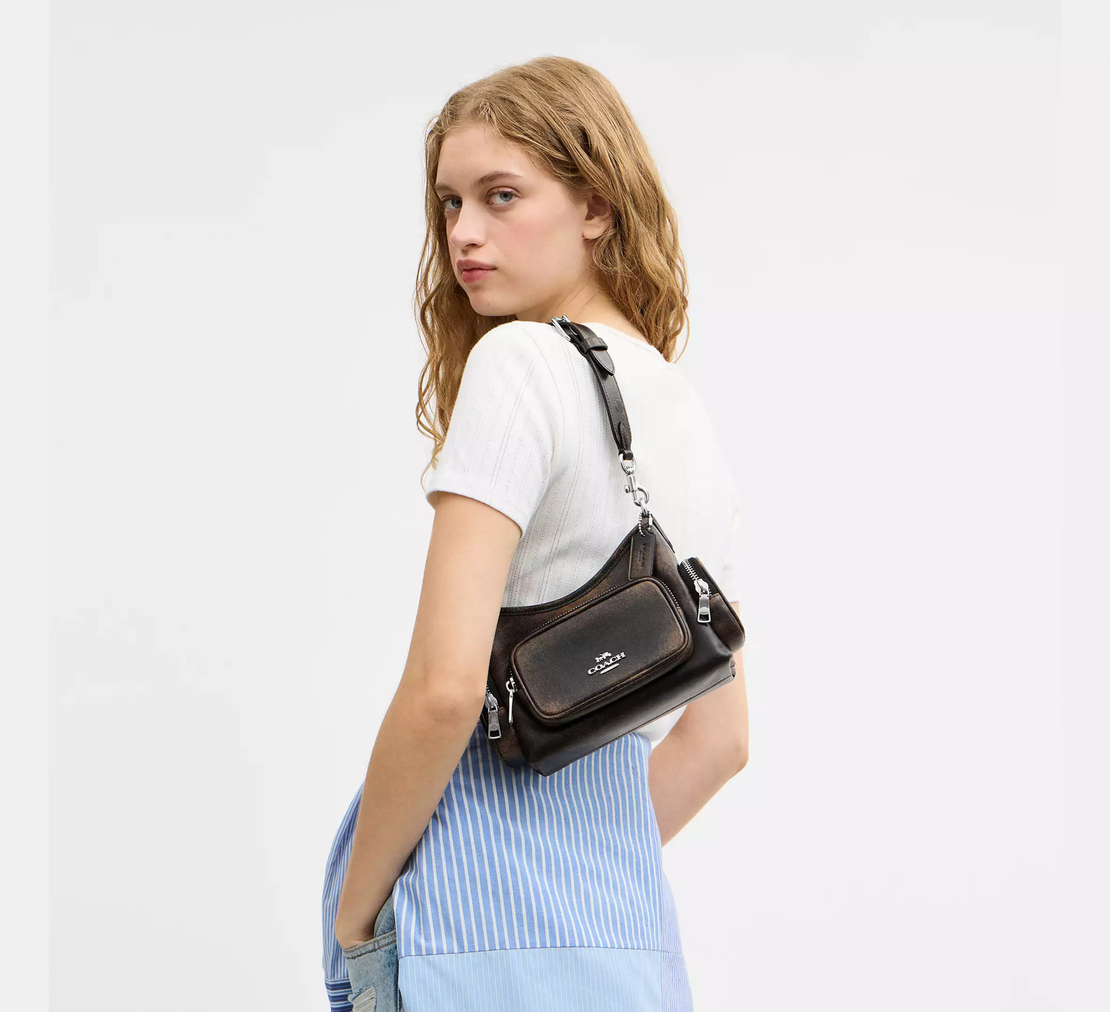 COACH Laurel Shoulder Bag 22 Pockets Loved Leather CEU27 SVPMZ Auth New – Fast!!