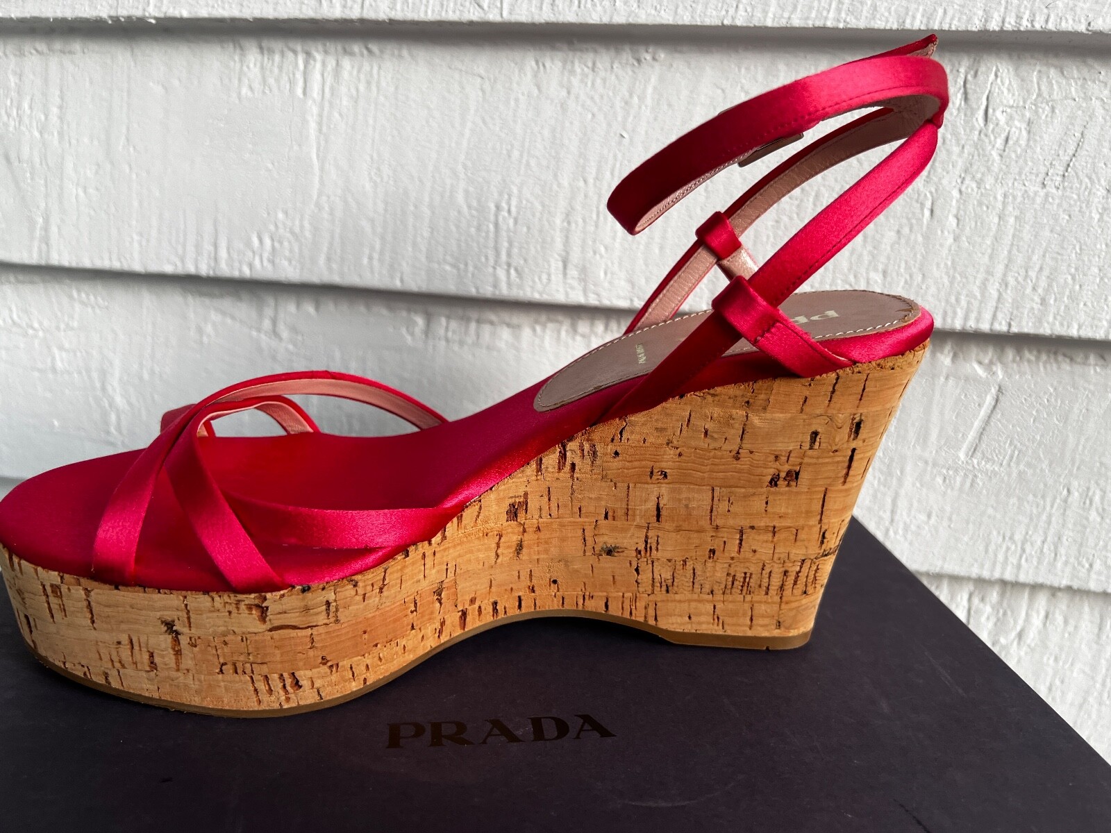 New PRADA Raso Cork Strappy Satin Platform Wedges Size 39.5 Cherry Ciliegia Red