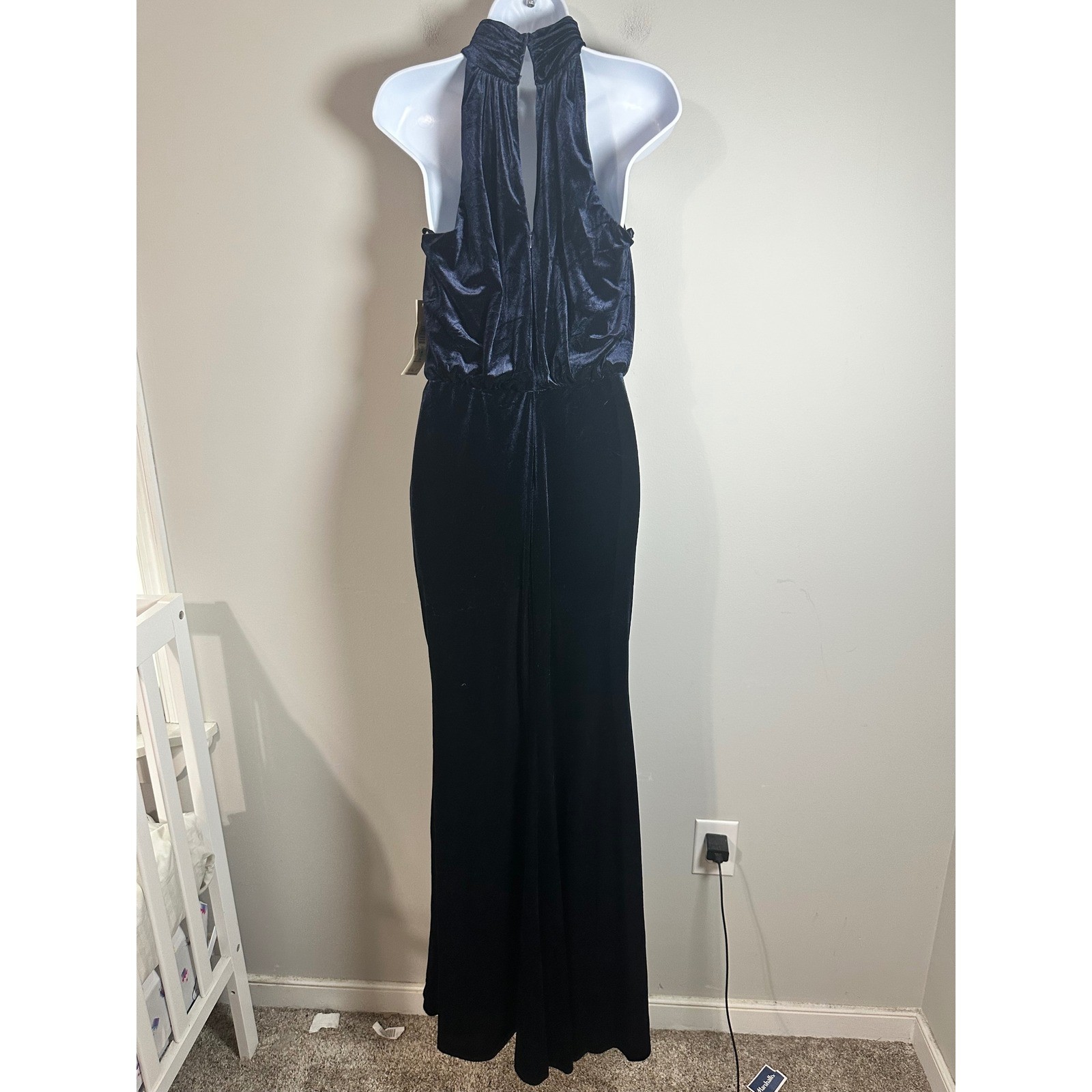 Eliza J Navy Blue Velvet Halter Neck Maxi Gown EJ1M9028 Womens 8 NWT