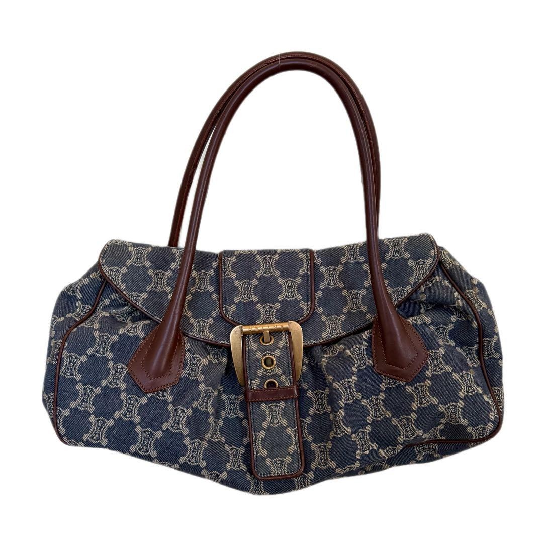 CELINE PARIS Vintage Macadam Denim Shoulder Bag Leather Trim Gold 45cm