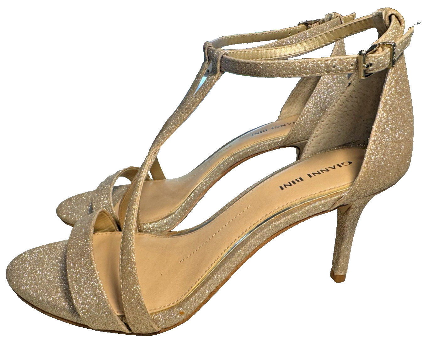 Gianni Bini Shaylinn sand gold t-strap strappy heels glitter sparkle shiny 9.5
