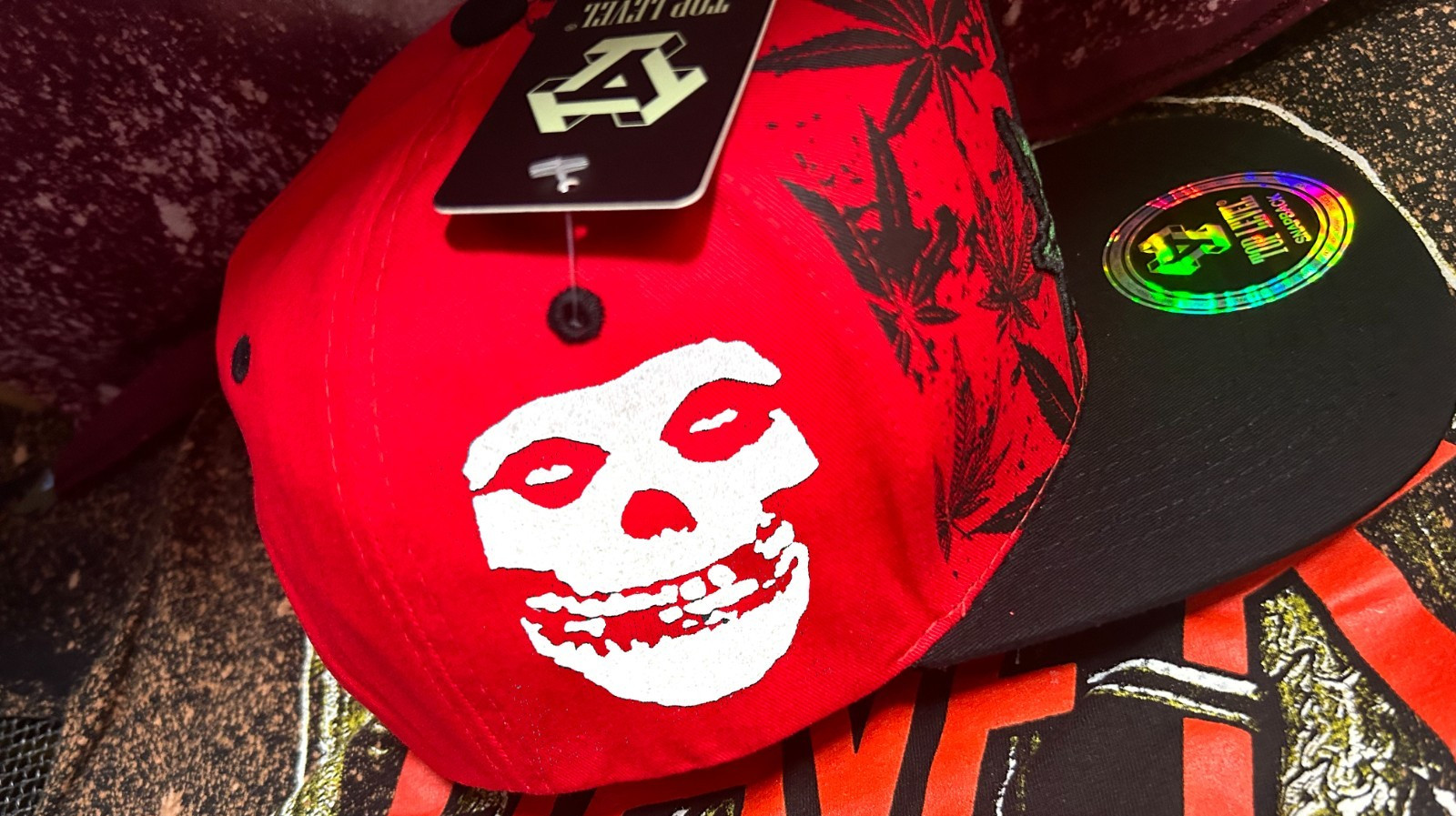 Misfits Red Top Level Snapback Hat (Embroidery & screen printing)