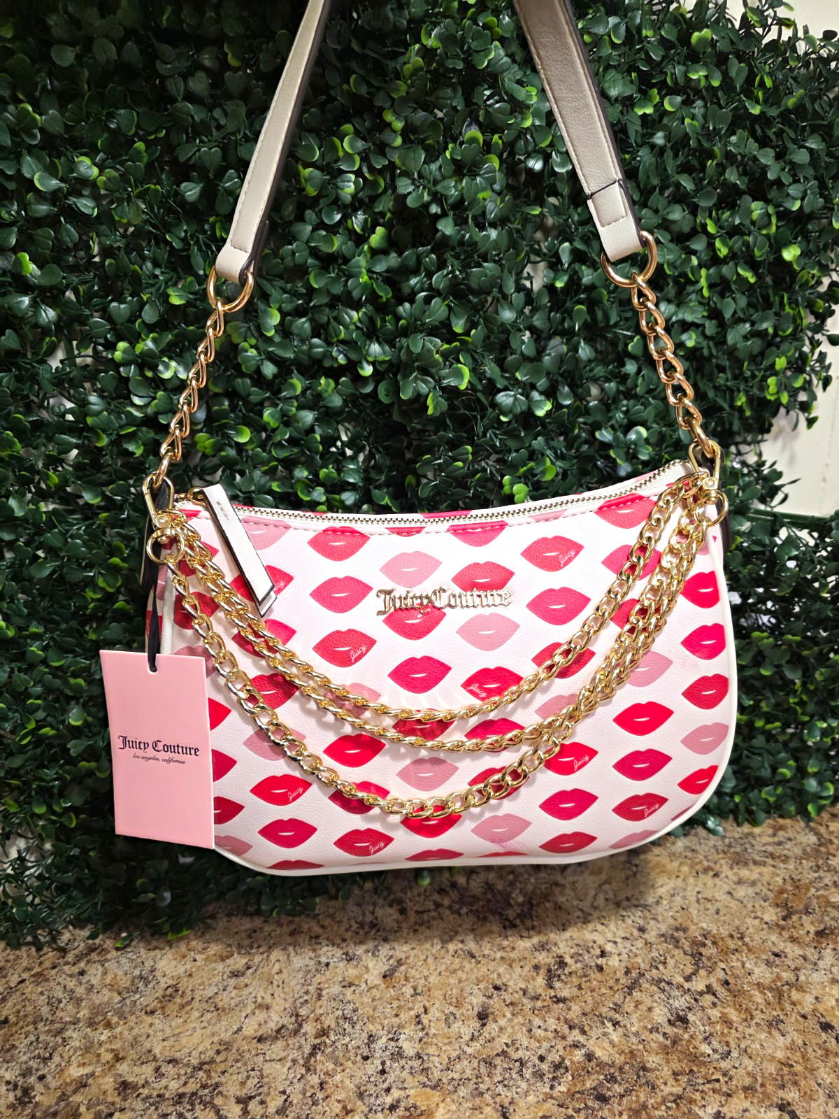 Juicy Couture Sealed With A Kiss Lips Print Hobo Bag White Pink Chain Charm