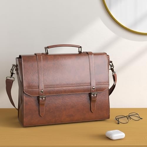 Messenger Bag for Men Vintage Leather Waterproof Laptop 15.6 inch Brown