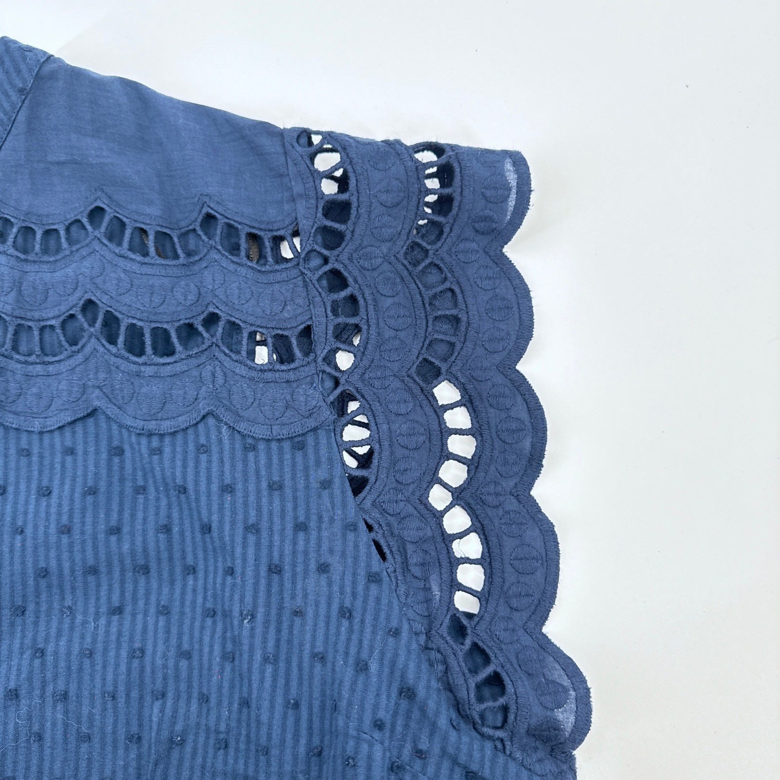 Estelle Navy Blue 2X/20W Eyelet Flutter Sleeve Button Down Blouse Top Swiss Dot