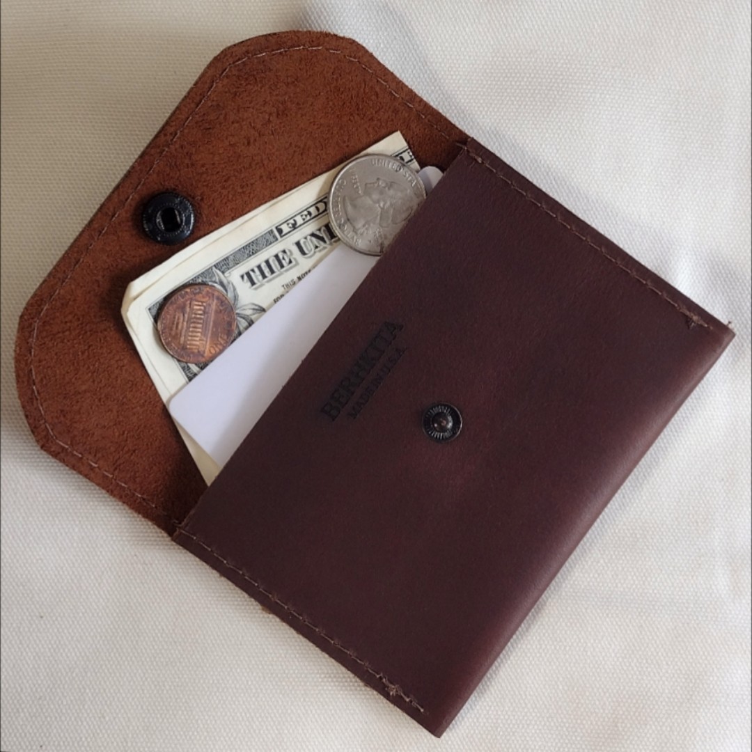 handmade real leather snap button pouch for coins card cash brown