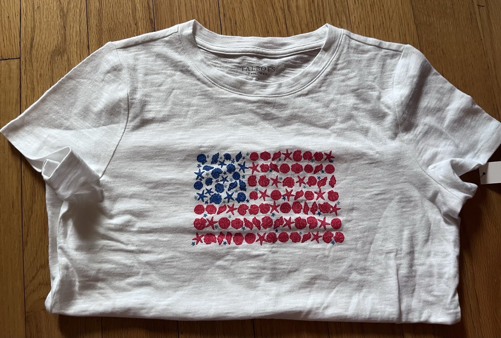 Talbots Womens White Slub Knit American Flag Graphic T-Shirt Short Sleeve S Pet