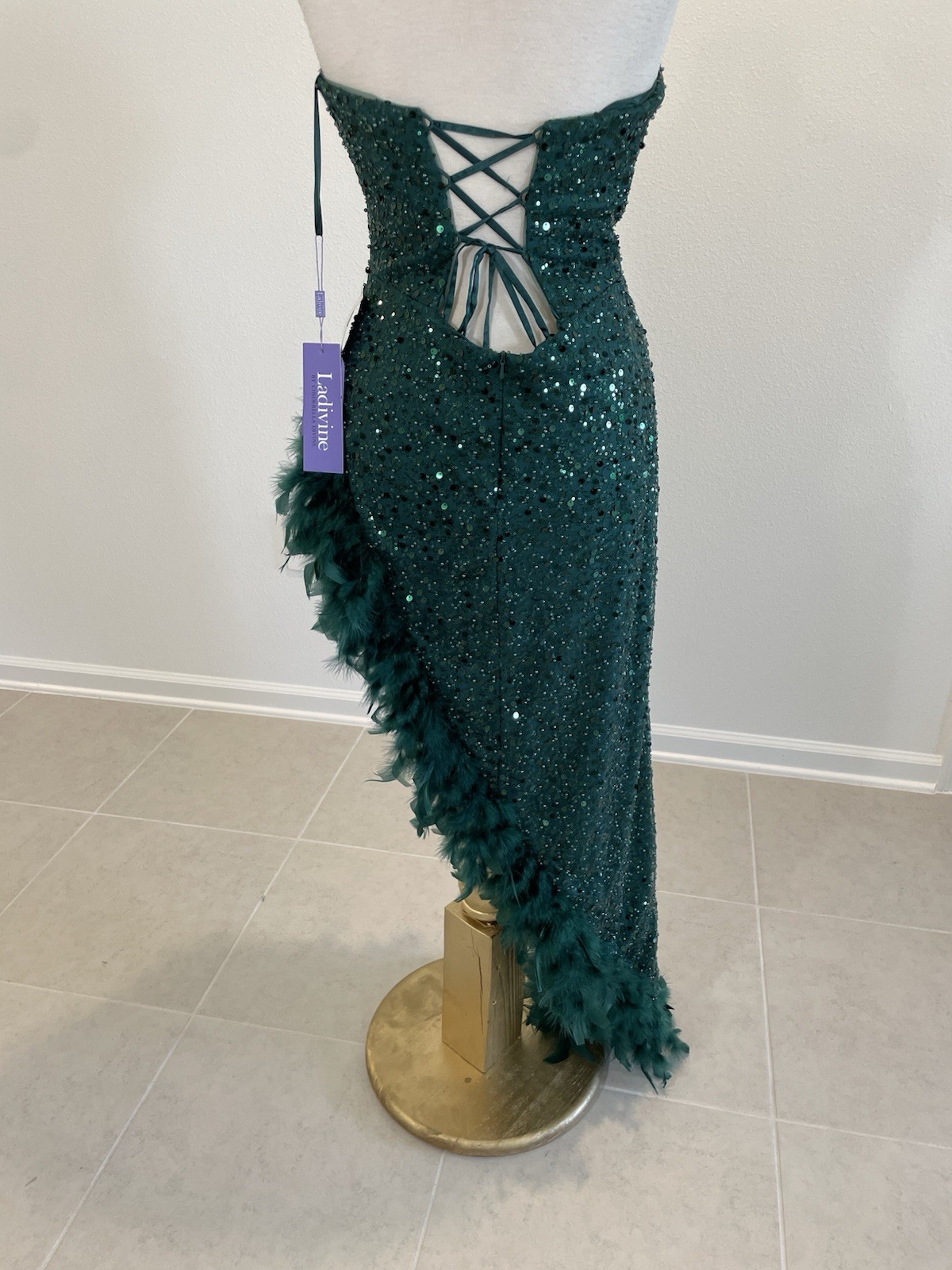 Ladivine by Cinderella Divine CD229 Emerald Sequin Feather Strapless Mermaid Go…