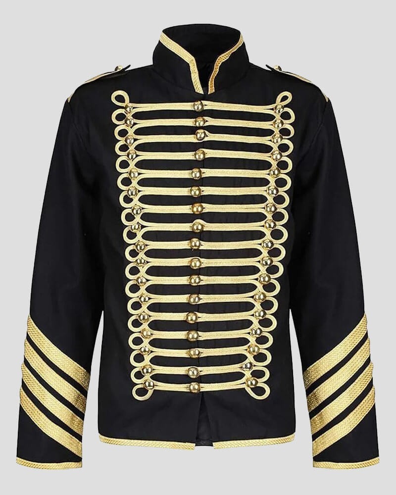 Black Gold Military Jacket Steampunk Parade Drummer Hussar Marching Band Tunic