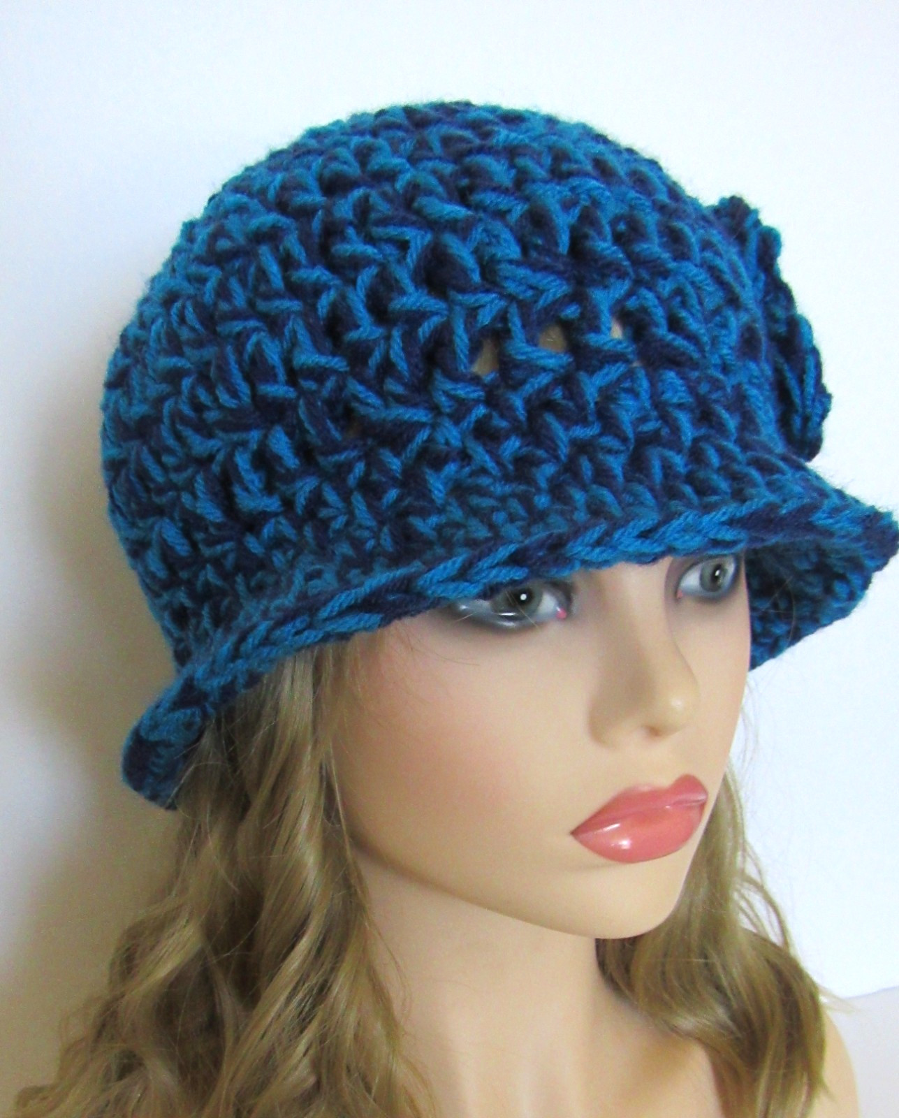 CLOCHE HAT CAP CHEMO SHADES OF BLUE HANDMADE CROCHET ACRYLIC FLOWER