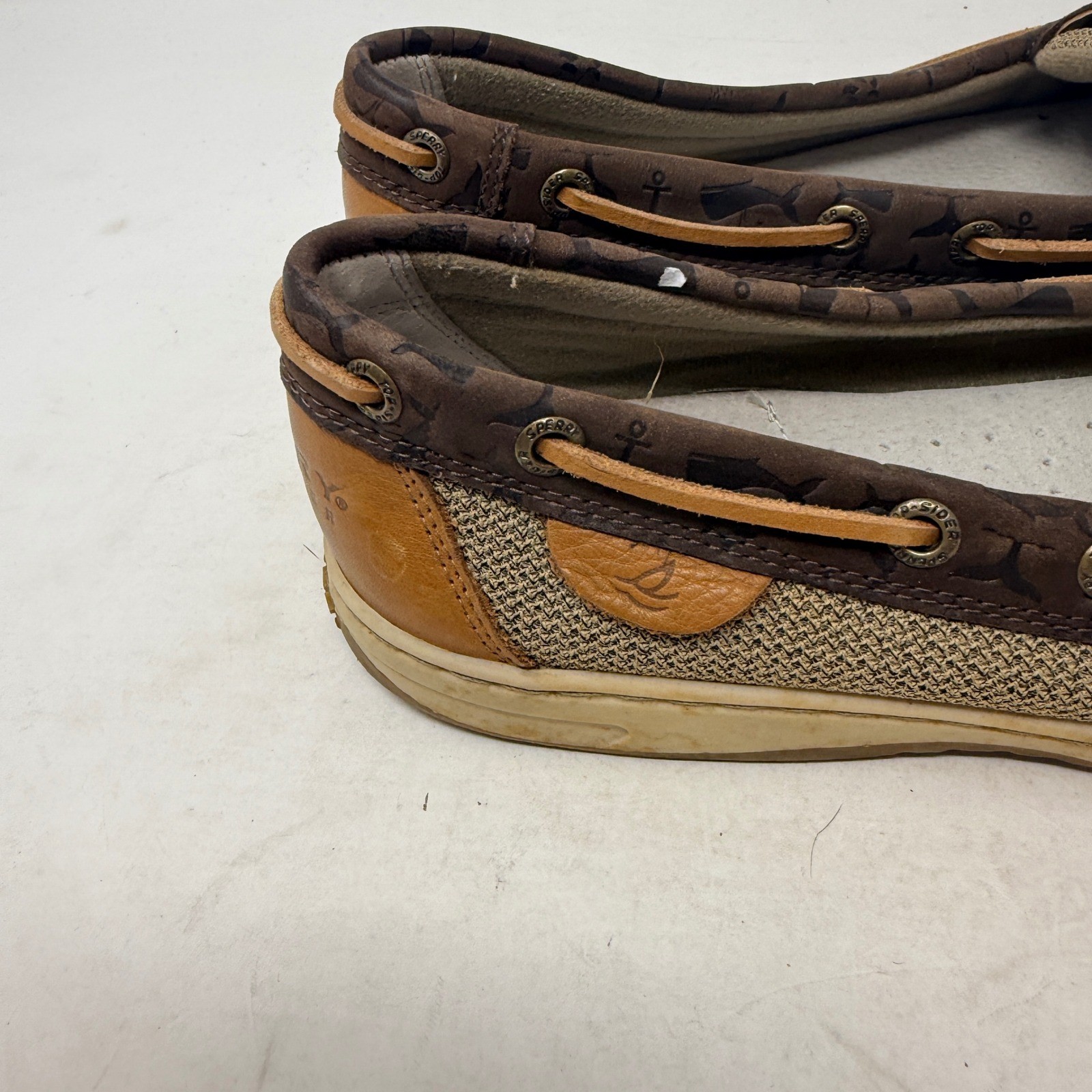 Sperry Top-Sider Brown Nautical Anchor Print Leather Mesh Boat Shoes Size 10
