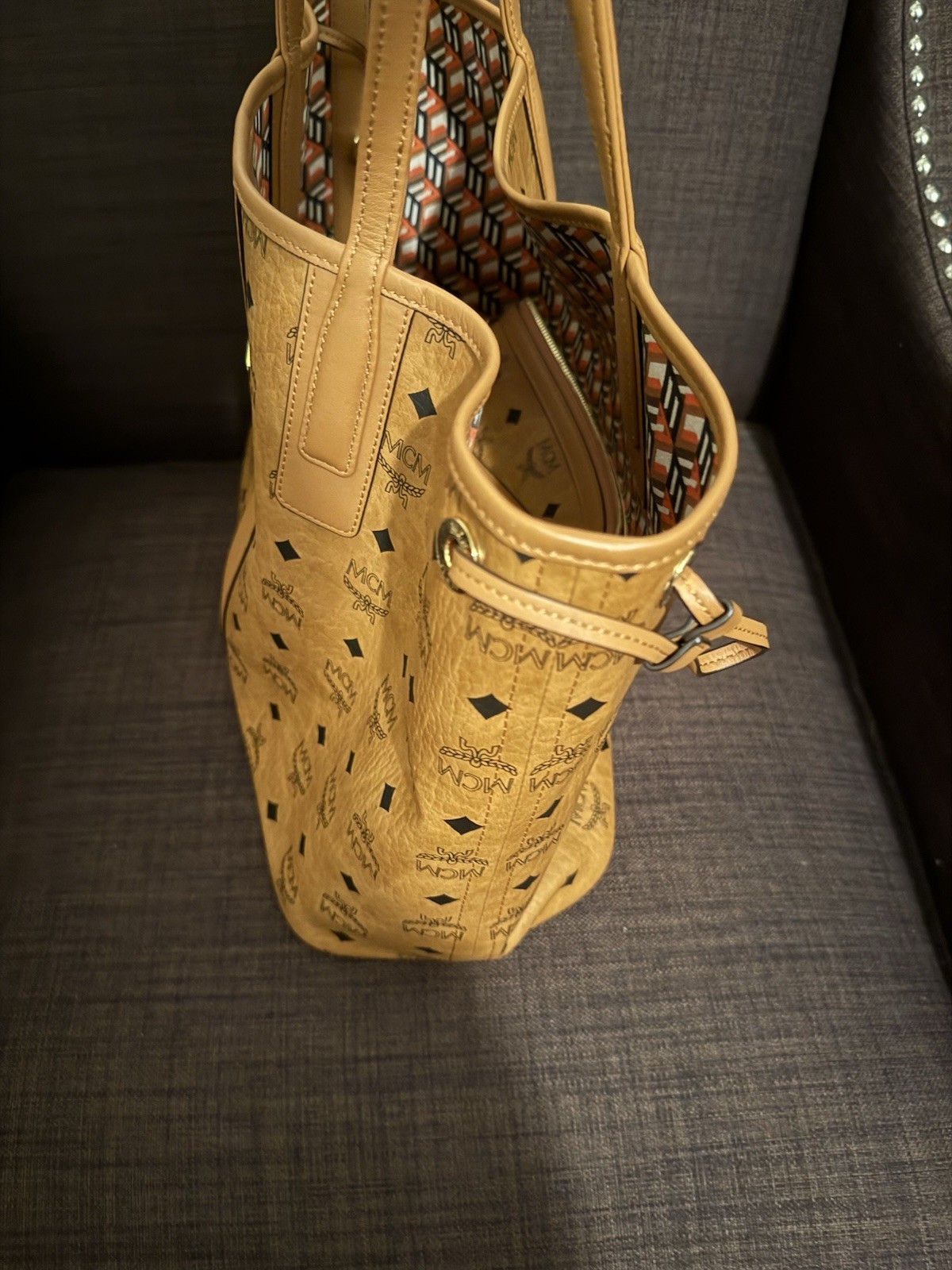 MCM Brown Monogram Logo Medium Tote Drawstring Double Handles w/ Pouch