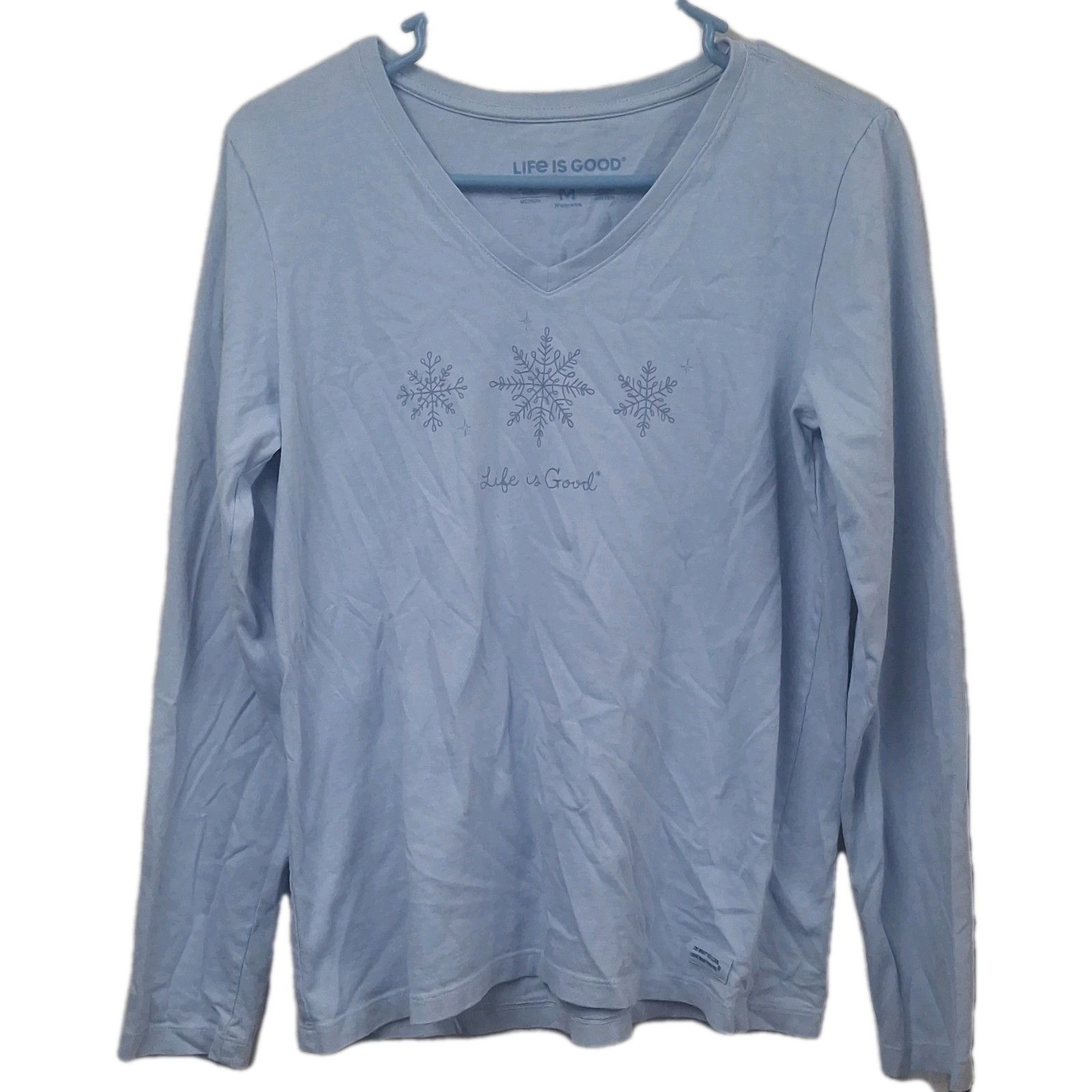 Life is Good Women’s Blue Cotton Knit V-Neck Long Sleeve Snowflake Tee M