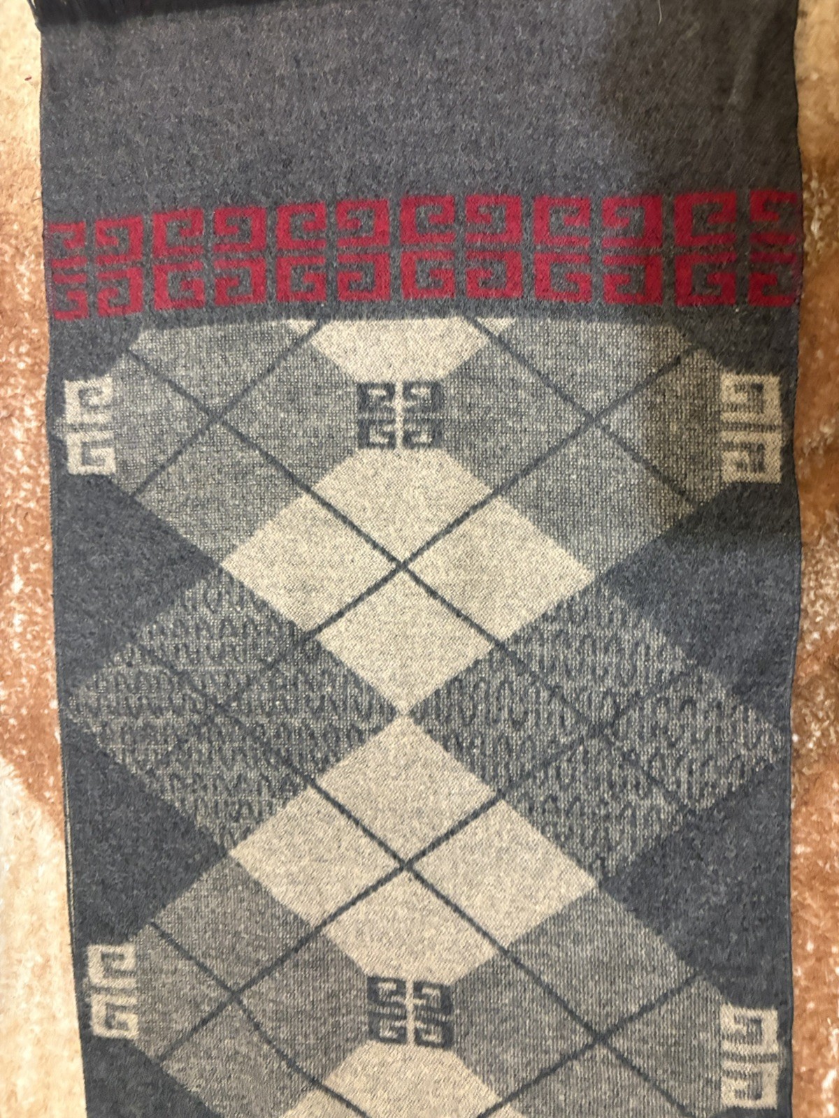 Givenchy Scarf Charcoal Grey & Tan Argyle Plaid Red 4G Logo Border Wool Blend