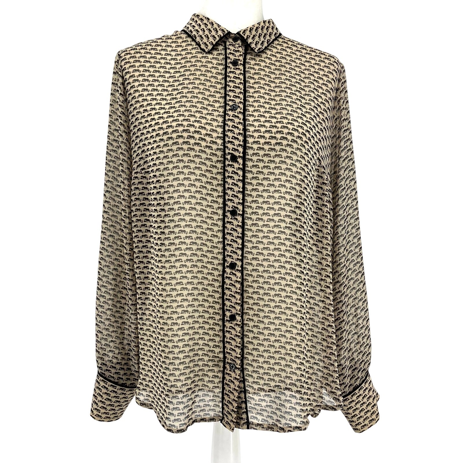 Pleione Beige Elephant Print Collared Button Front Sheer Chiffon Blouse Size L