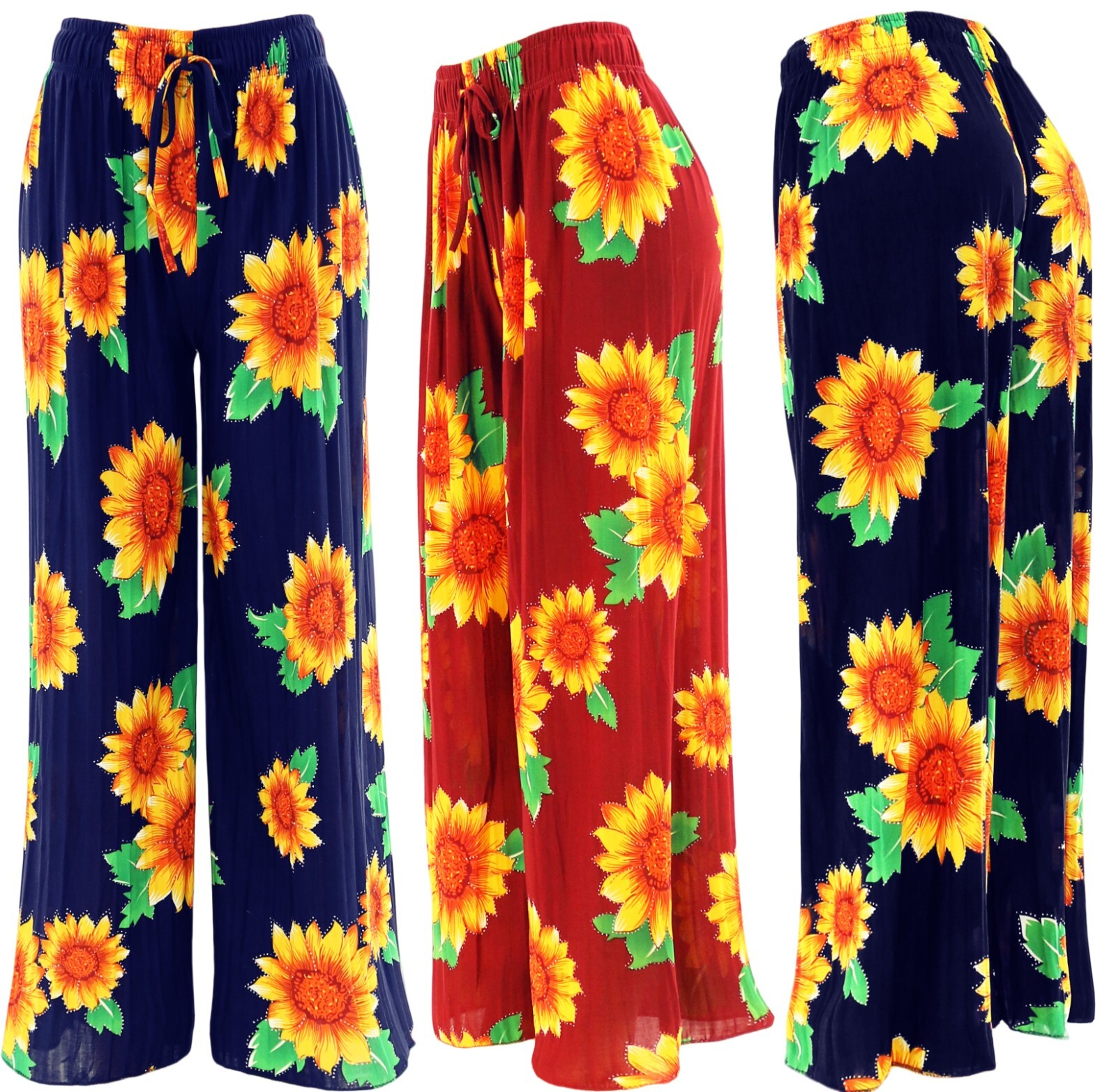 Women Sunflower Shiny Flower Sparkly Palazzo Pants Wide Leg Summer Stretch Pants
