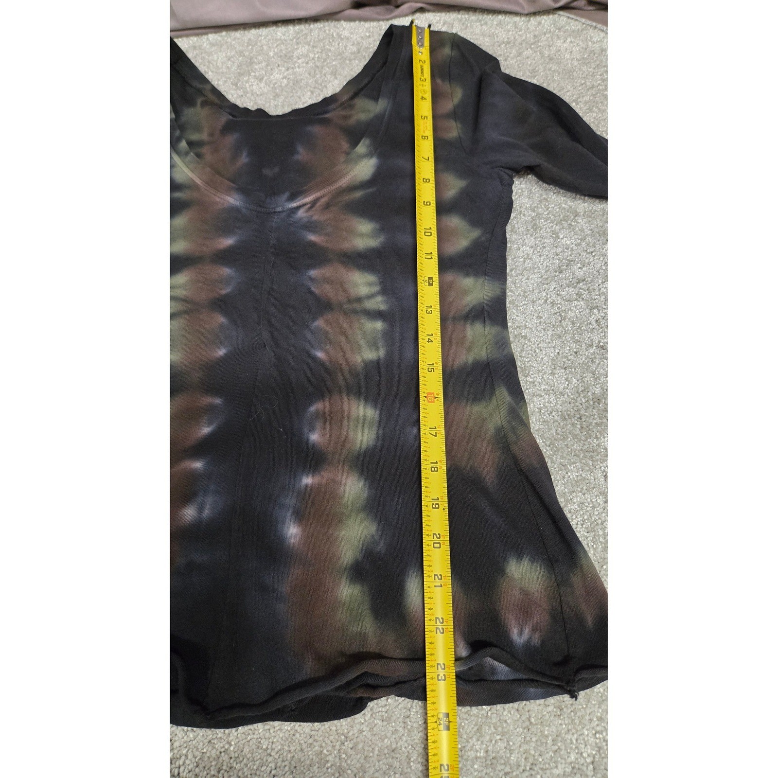 Raquel Allegra Black Tie Dye Scoop Neck Deep U-Back 3/4 Sleeve Cotton Top Size 2