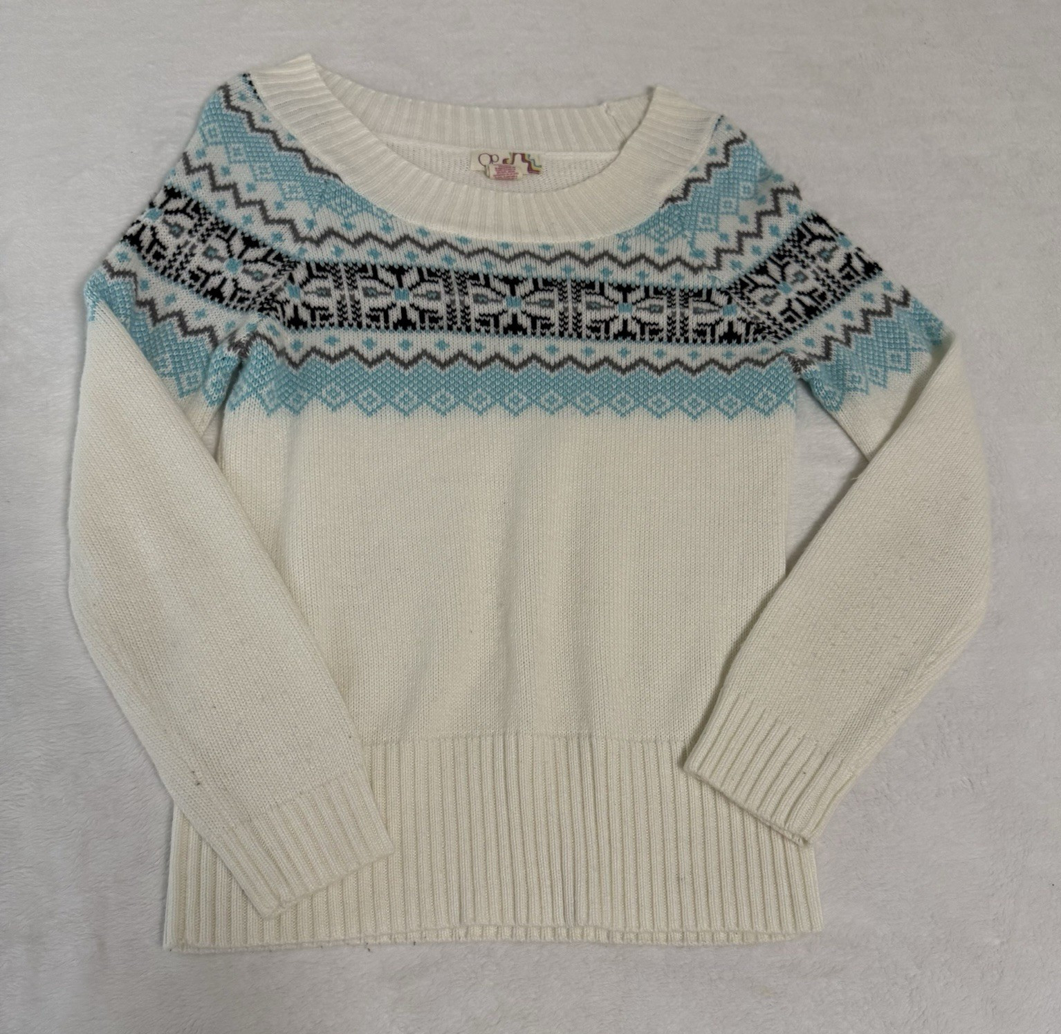 Y2K OP Juniors Sweater Large 11/13 Fair Isle White Blue Knit Crew Neck Pullover