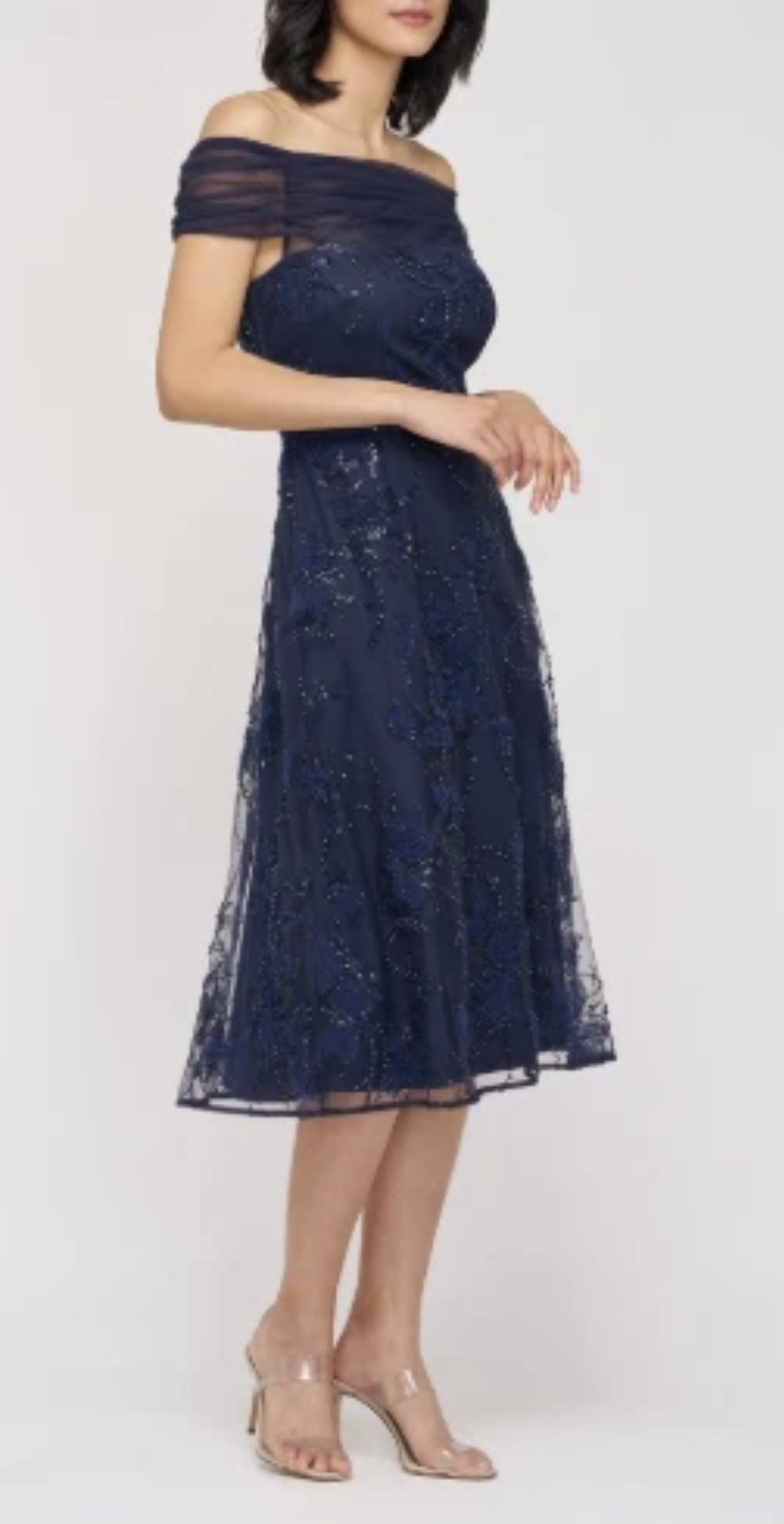 NWT J&S Collection Gemma Off Shoulder Navy beaded Cocktail Gown Dress