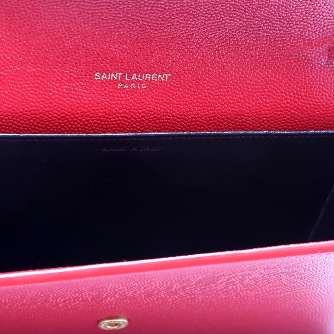 Saint Laurent Uptown Chain Wallet Red Grain De Poudre WOC + Card Holder Gold HW