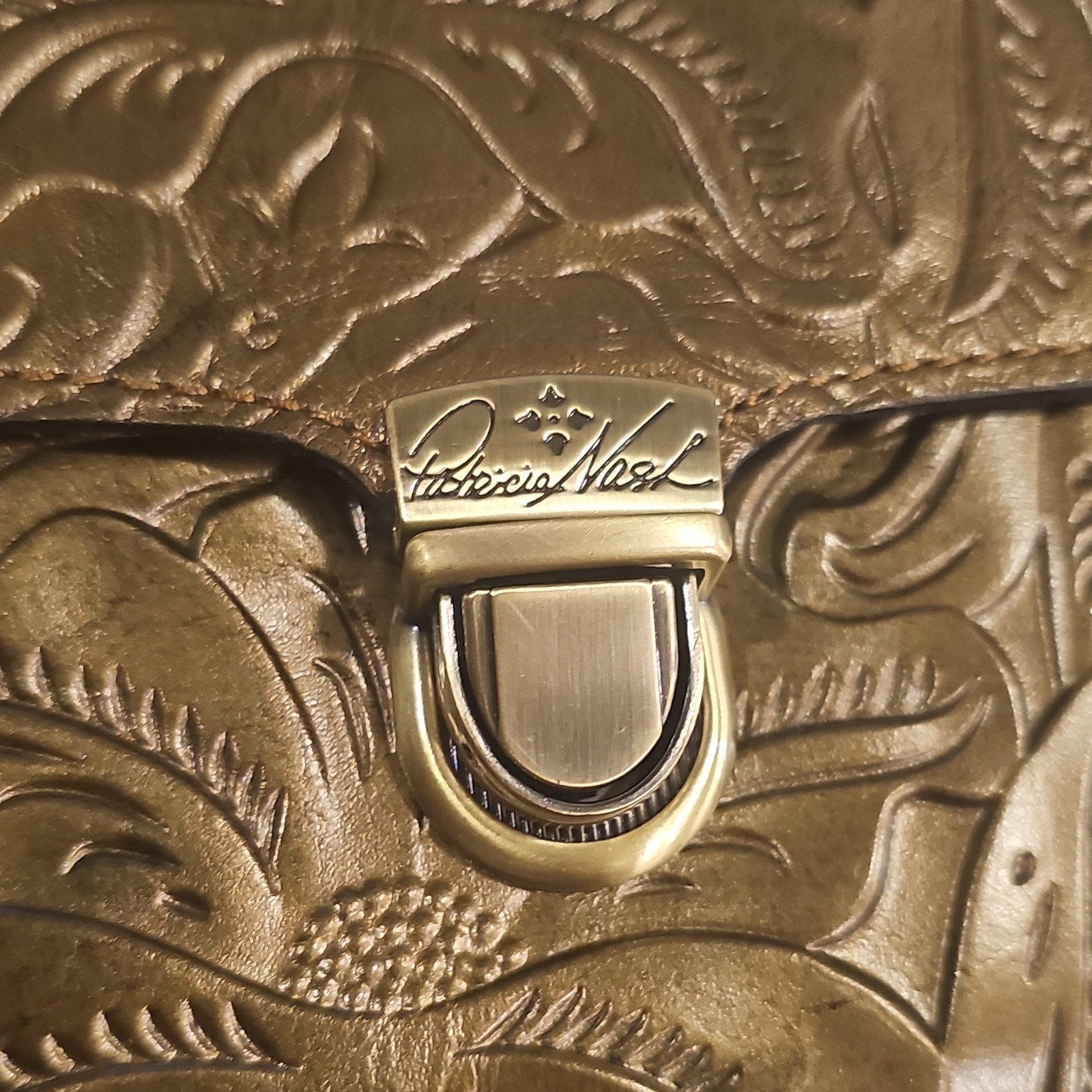 Patricia Nash Gold Floral Embossed Crossbody Bag Zip/Push Lock, Dust Bag