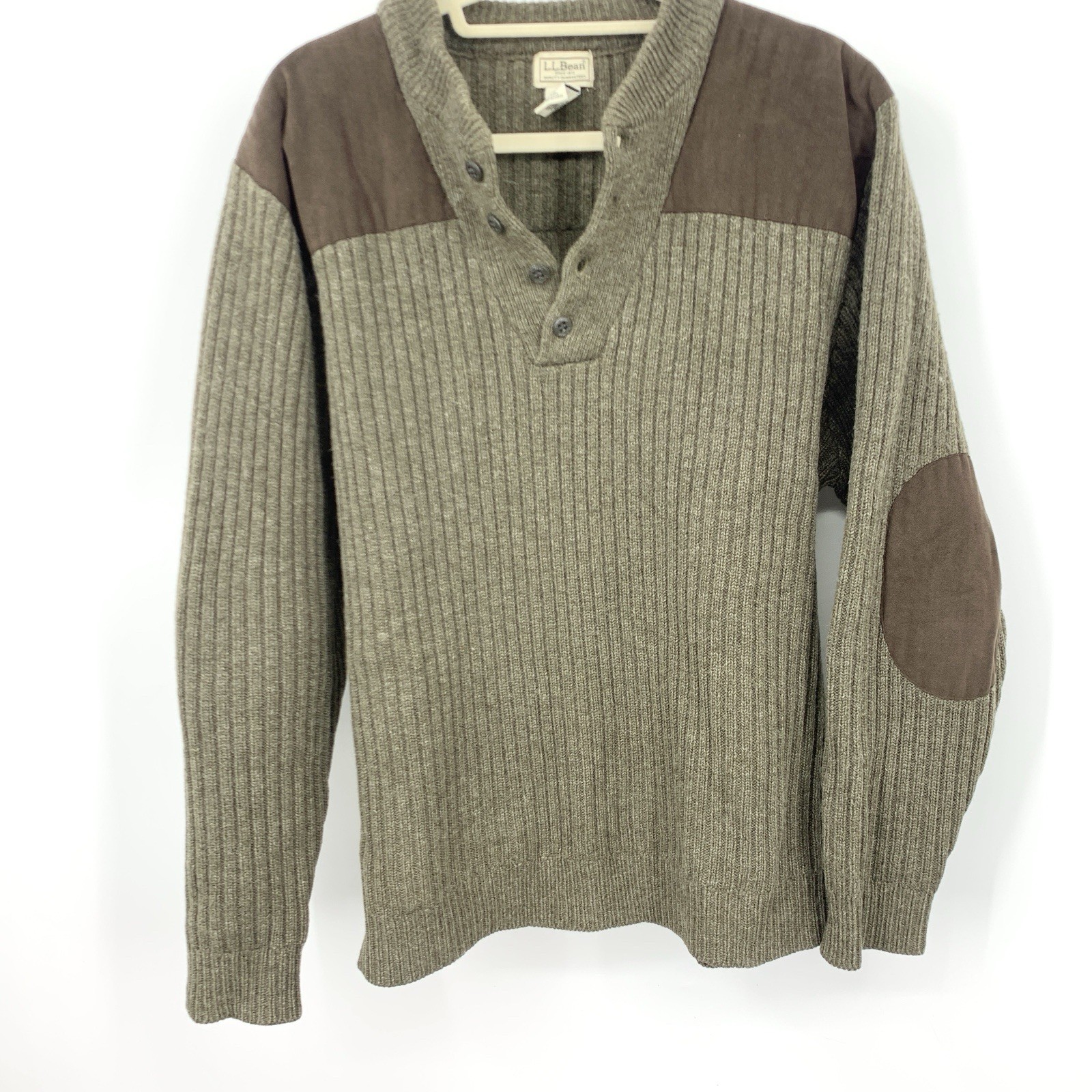 LL Bean Men Size XL Sweater Commando 100% Wool Brown Elbow Patches Henley Knit