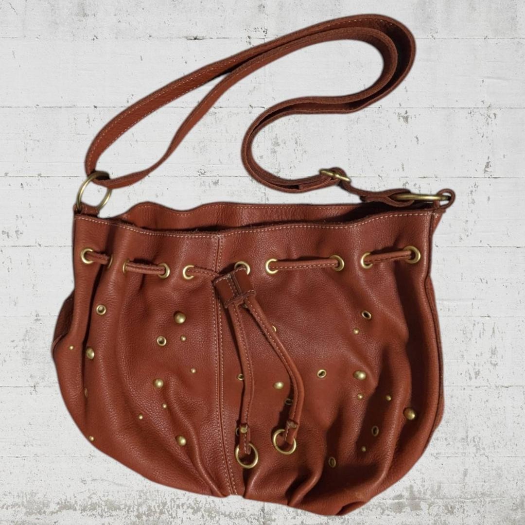 Y2K 00s City Bag Brown Leather Drawstring Metal Eyelet Grunge Excel