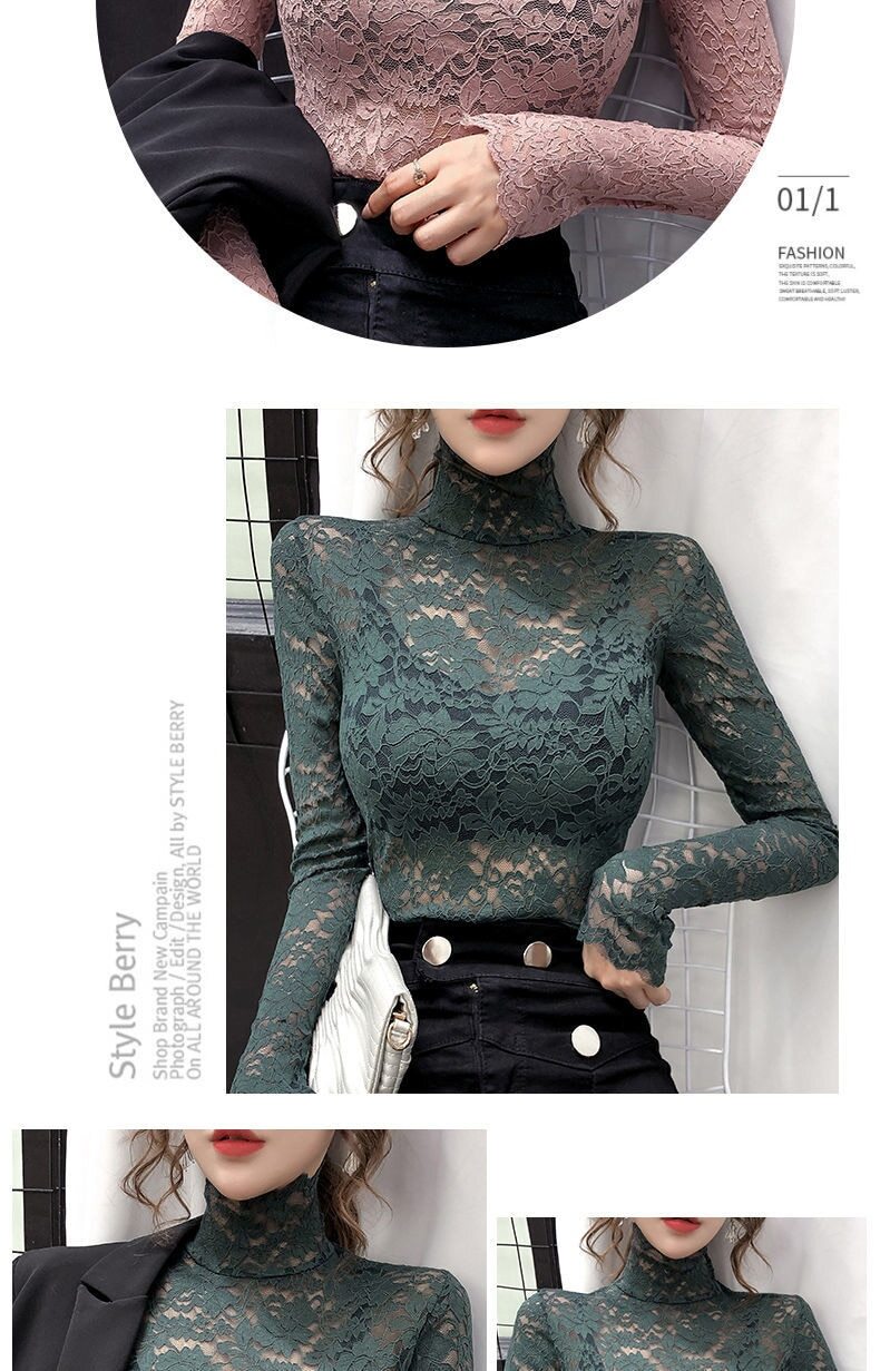 Half High Collar Lace Bottomed Blouse Mesh Hollow Out Long Sleeve Shirt Plush