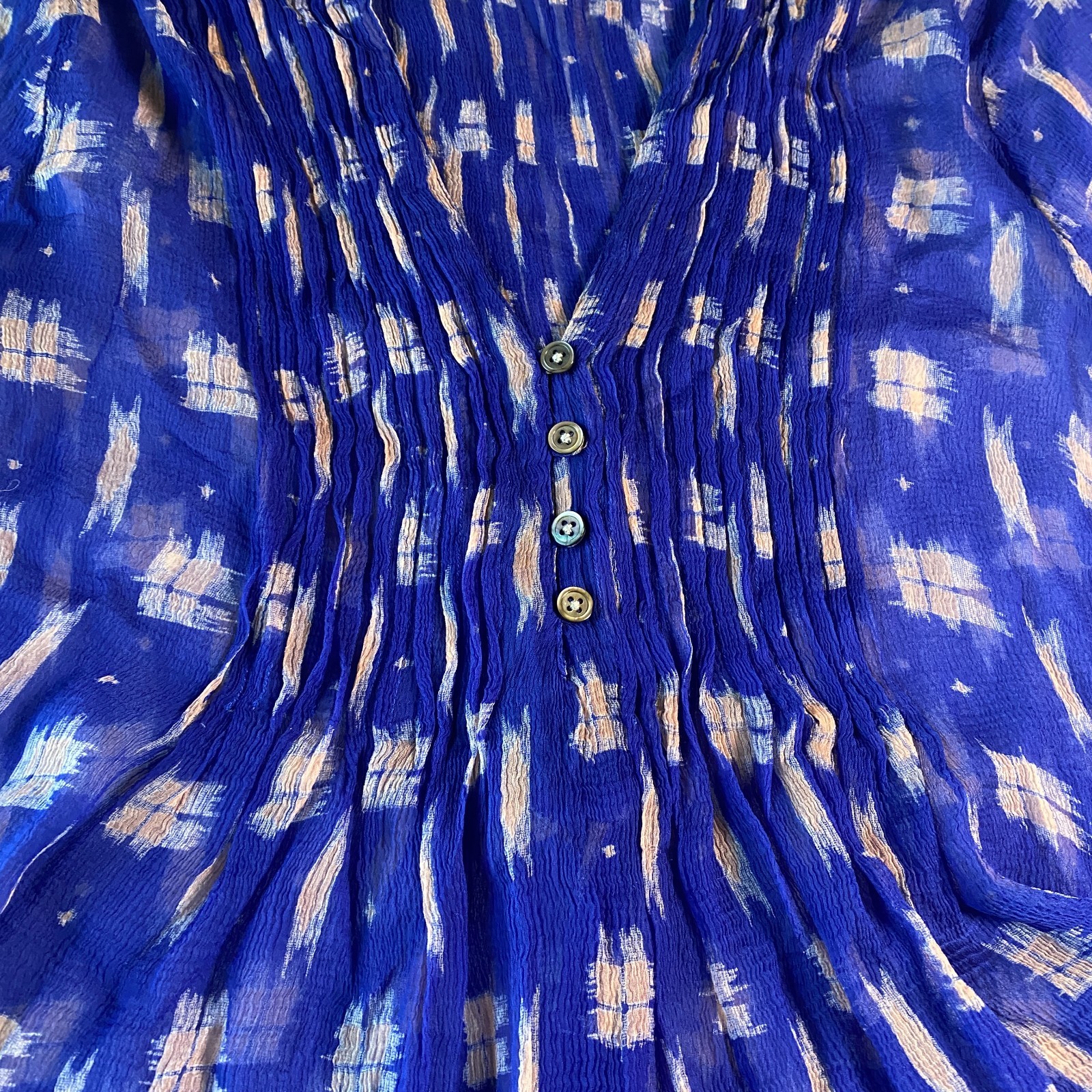 Paradigma Sheer Blue Blouse Small Silk Look Ikat Print Tunic Top w/ Cami
