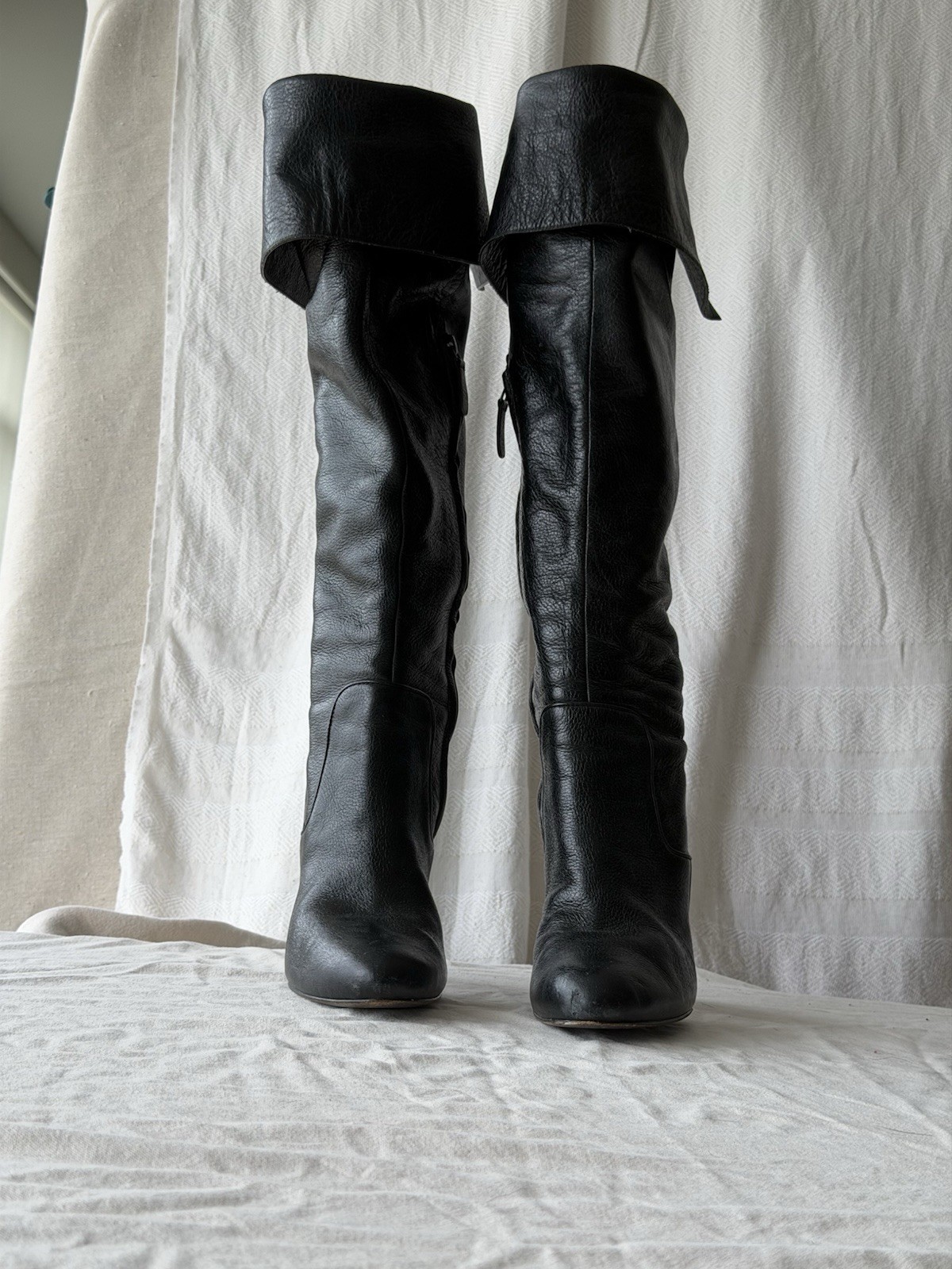 Eden Women’s Brown Leather Over the Knee Boots Almond Toe Block Heel Zip 8