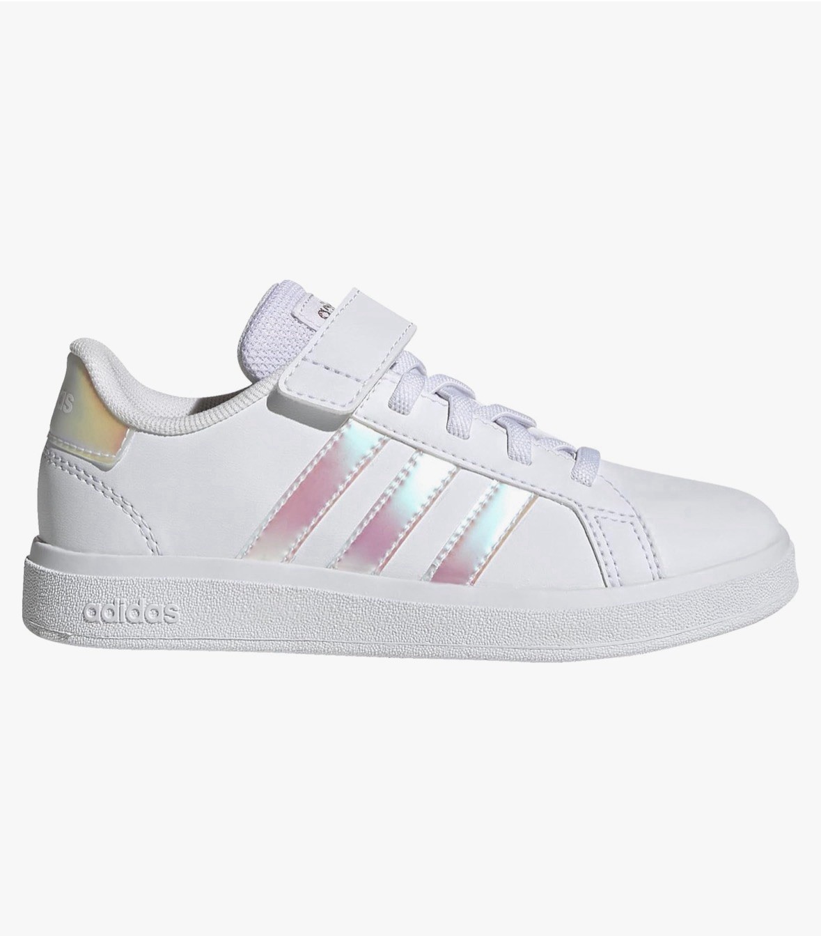 Size 7Y – Adidas Grand Court 2.0 Kids Strap Slip On White Reflective Logo Shoes