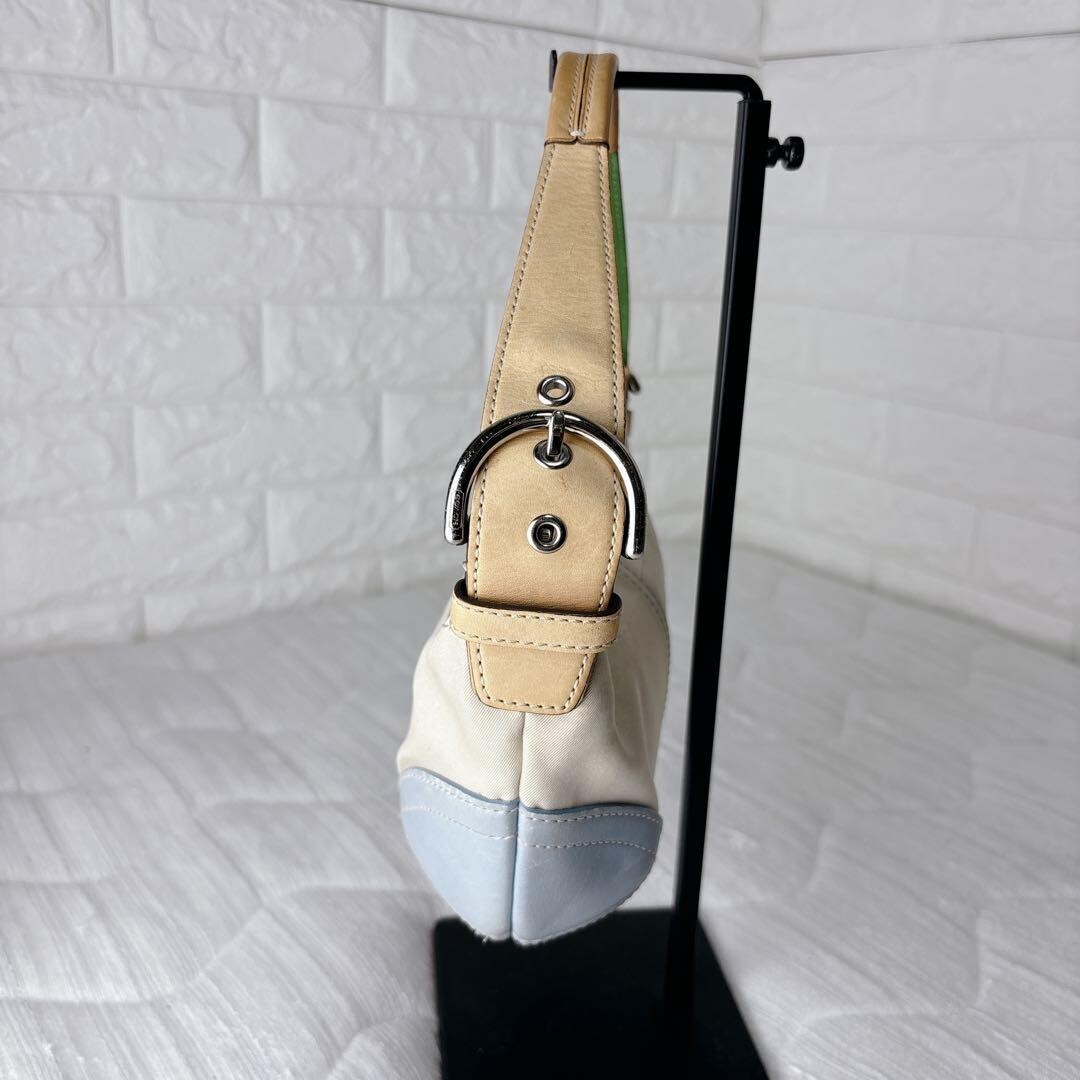 COACH 4431 Half Moon Shoulder Bag Beige Canvas Light Blue Leather Green Auth